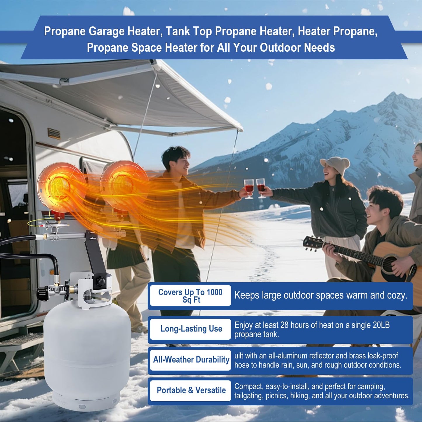 30000 BTU Propane Heater Outdoor, Propane Tank Heater Attachment Double Tank Top Radiant Gas Heater With Tip-Over Protection, 3 Heat Settings, Safety Shut-Off Valve for Patio,Camp,Fish,Garage.