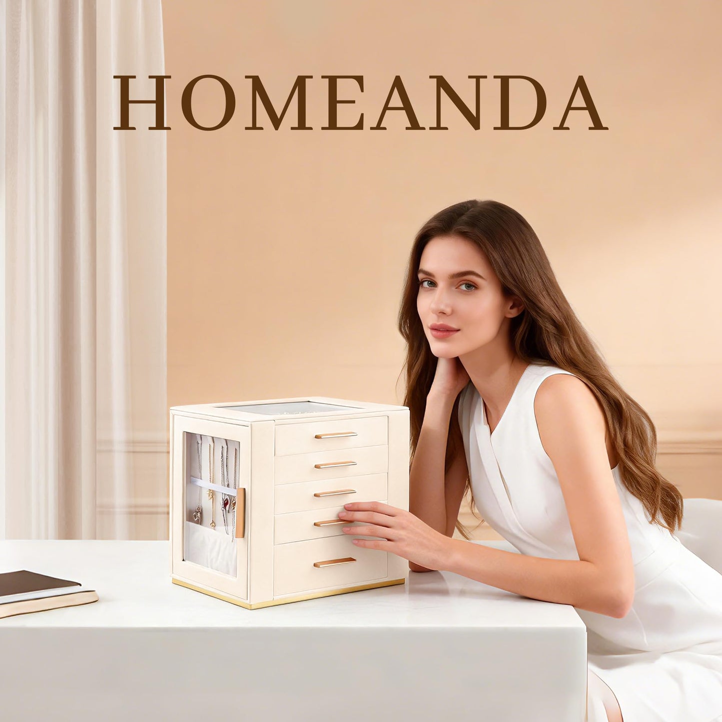Homeanda Jewelry Box for Women with Glass Lid, 5 Drawers Jewelry Organizer and Storage for Necklaces, Rings, Earrings, Bracelets, Gift for Girls and Teens,PU Leather (Beige)