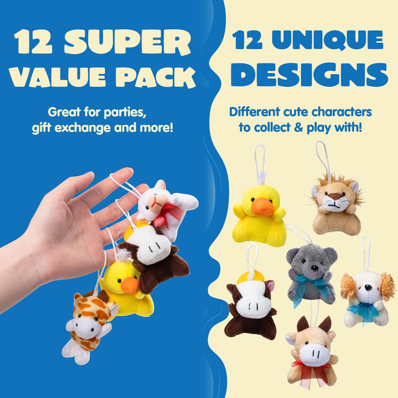 JOYIN 12 Pack Random Mini Animal Plush Toy Assortment (12 Units 3" Each),Bulk Stuffed Animals for Kids, Small Animals Plush Keychain Decoration, Carnival Prizes, Birthday Goodie Bags & Party Favors