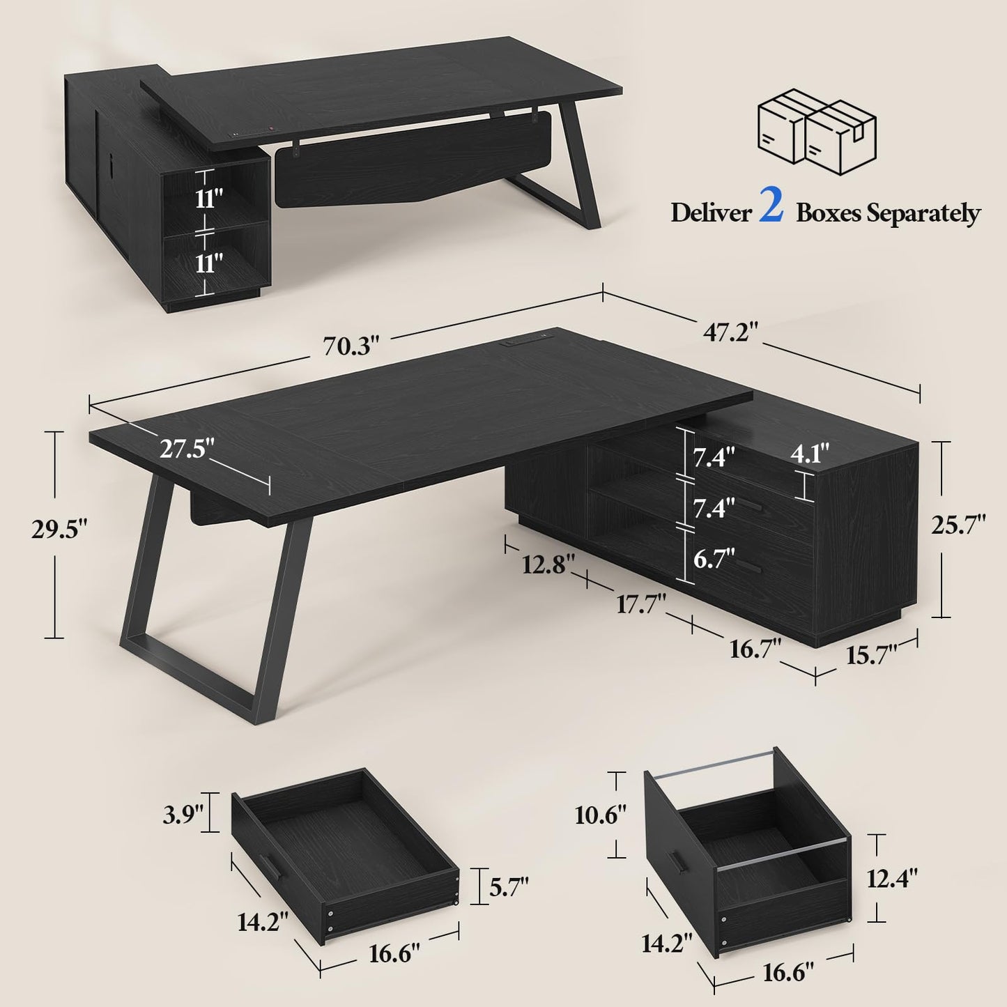 70.3 inch L Shaped Executive Desk with Power Outlets, Large Home Office Desk with Storage Drawers and File Cabinet, Modern Computer Desk with Shelves, Black Business Furniture, Square Metal Legs