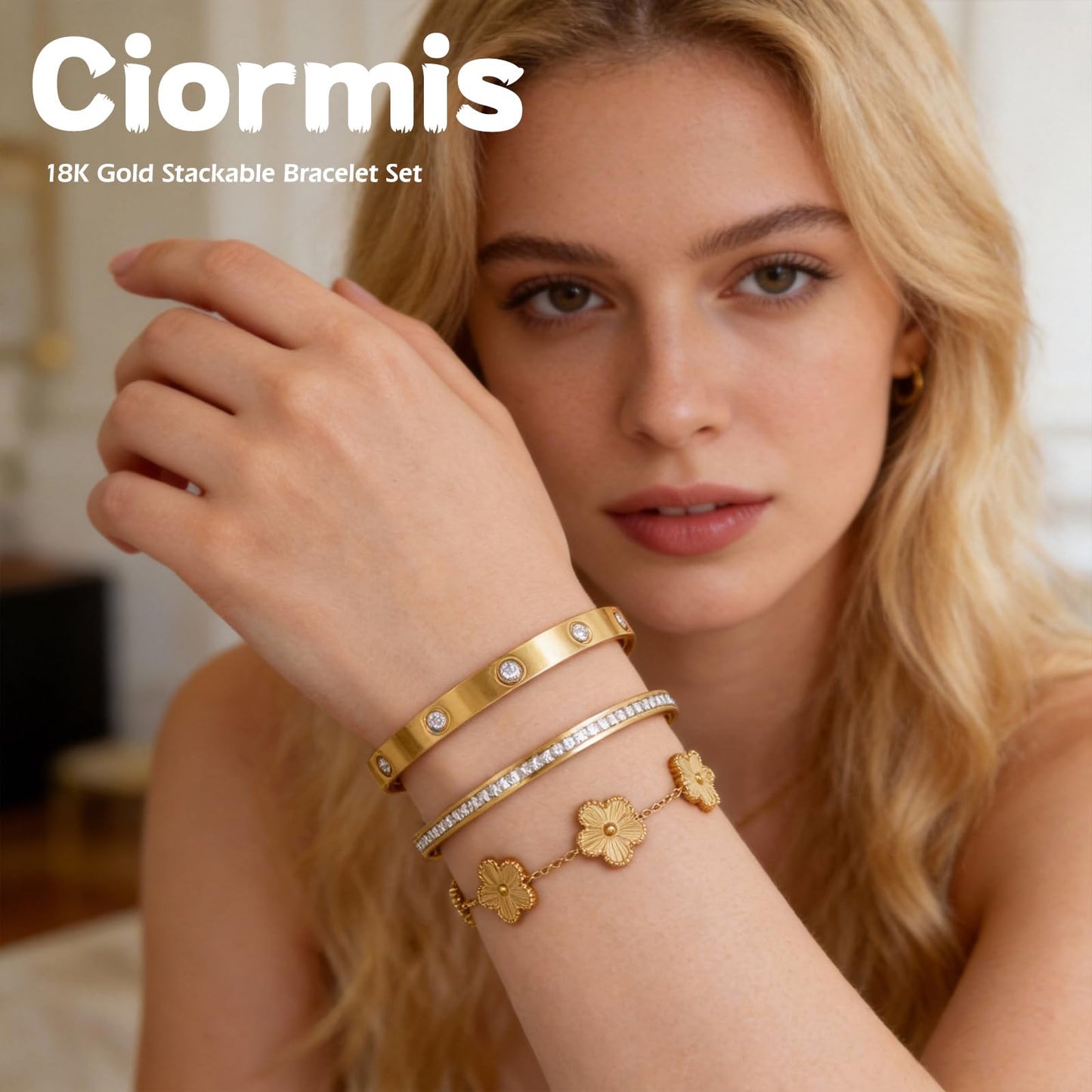 Ciormis 18K Gold Bracelet Stack, 3 Pcs Clover Nail Love Bangle Bracelets Set for Women Trendy Five Leaf Flower Jewelry Non Tarnish Gift Jewelry Braclets for Valentines Birthday Mother's Day Christmas