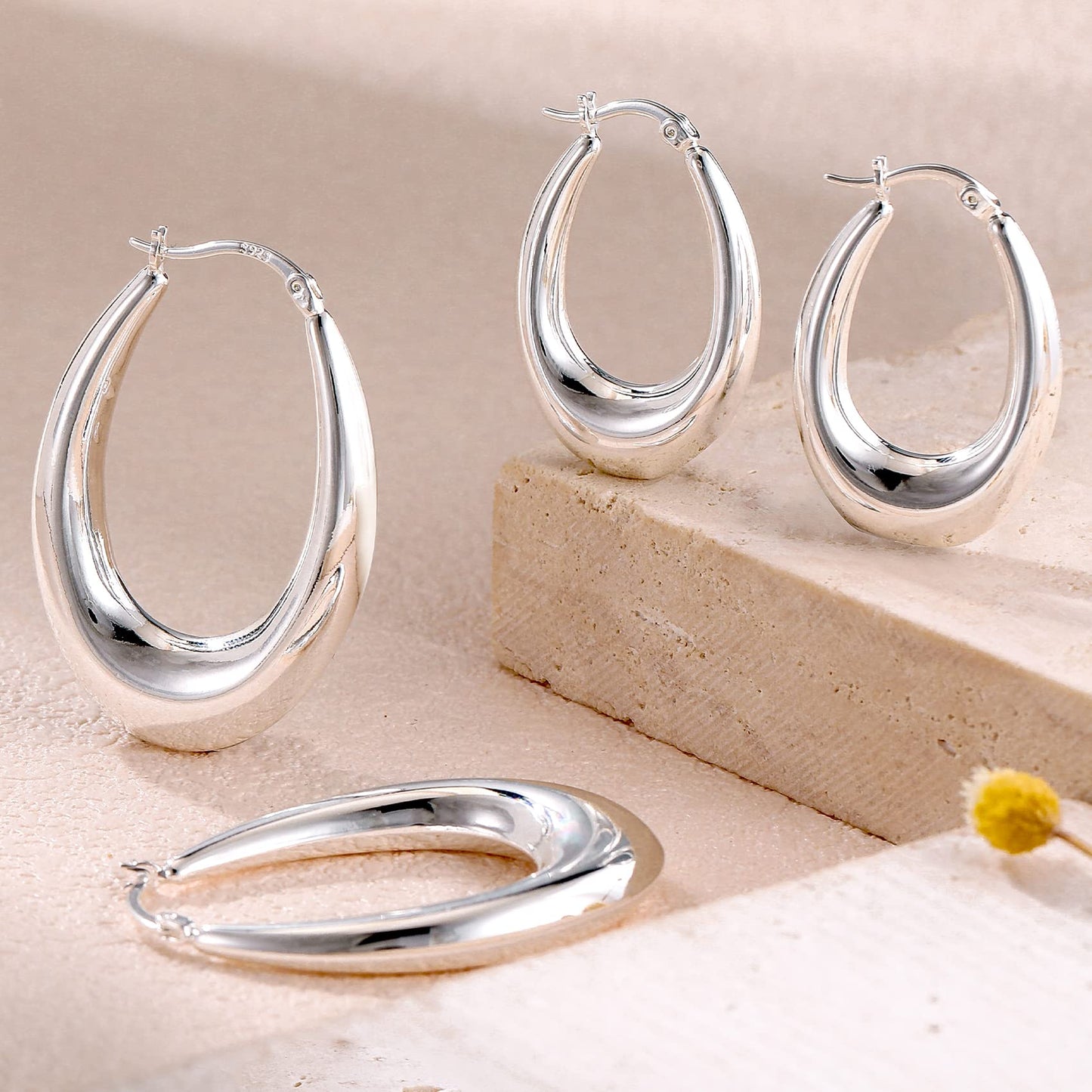 PABBEU Chunky Silver Hoops Earrings for Women, Hypoallergenic Lightweight 925 Sterling Silver Oval Hoop Earring, Sterling Silver Thick Hoop Earrings for Women (30mm)