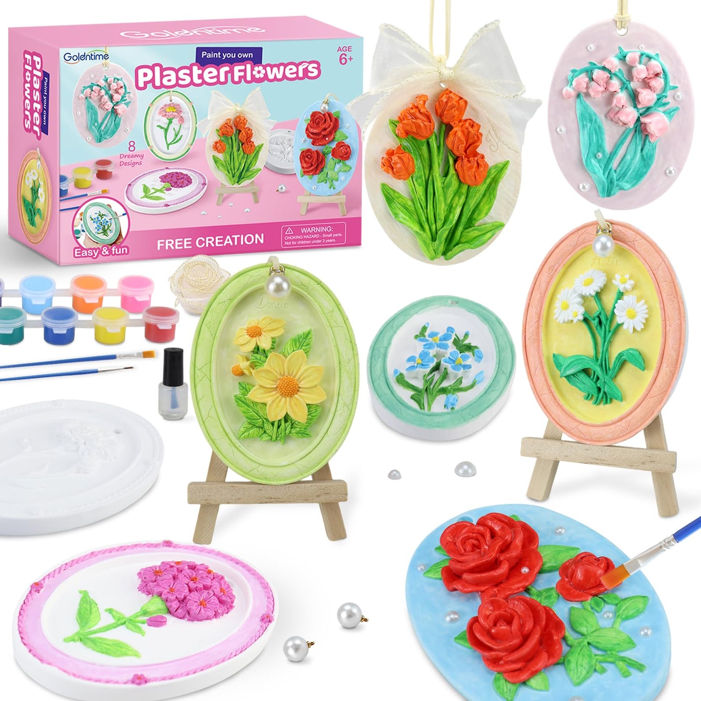 Plaster Painting Kit for Kids & Adults with 3D Ready-to-Paint Ceramic Flowers, 12 Paints, Pearl Stickers & More Bulk Party Favors Birthday Mother’s Day Gifts Home Decor