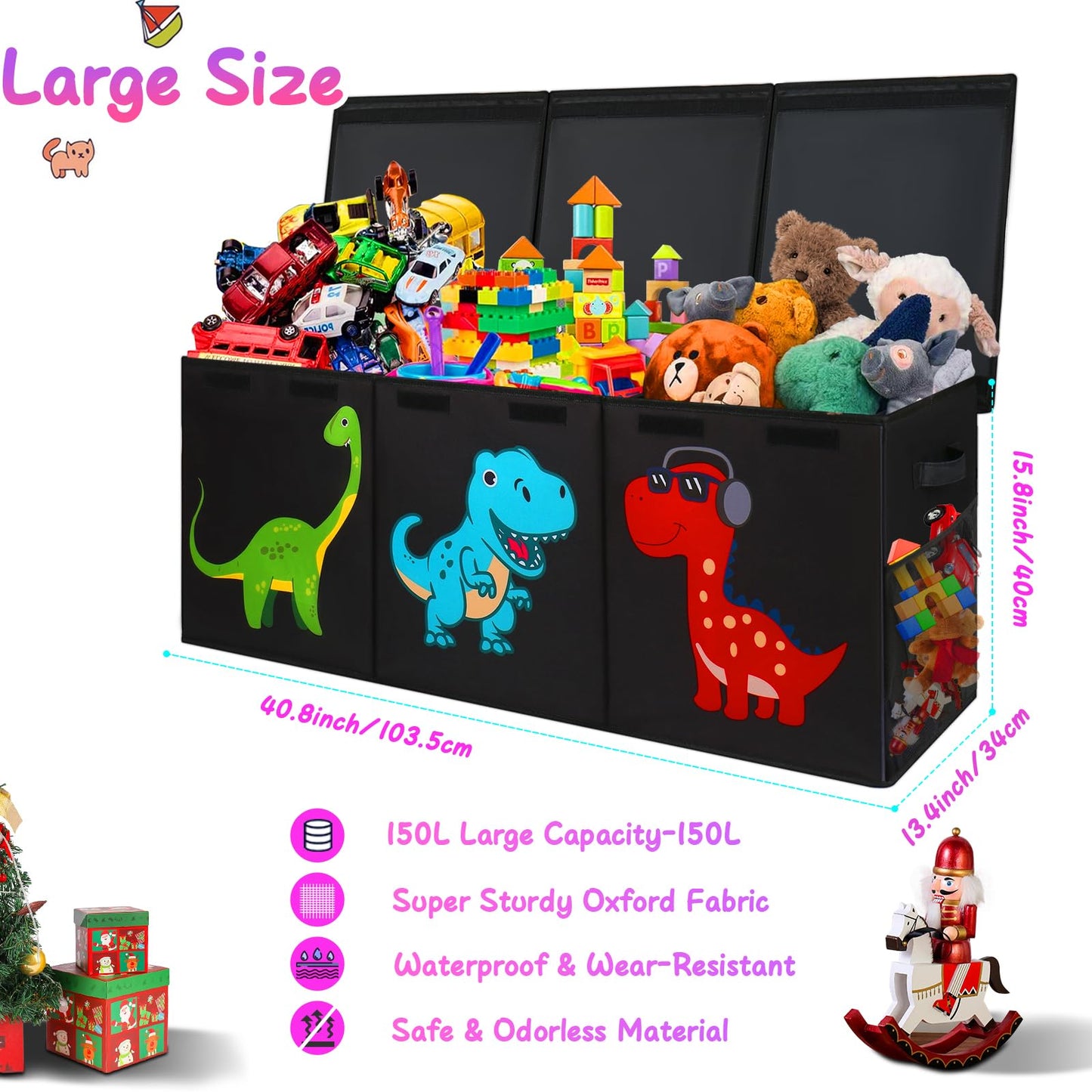Mabahoo Extra Large Toy Box Chest, Collapsible Sturdy Kids Storage Organizer Bins with Lids, Black Dinosaur Toy Chest for Boys Girls, 40"x16"x16" Toy Storage Bin Boxes for Playroom Bedroom Nursery