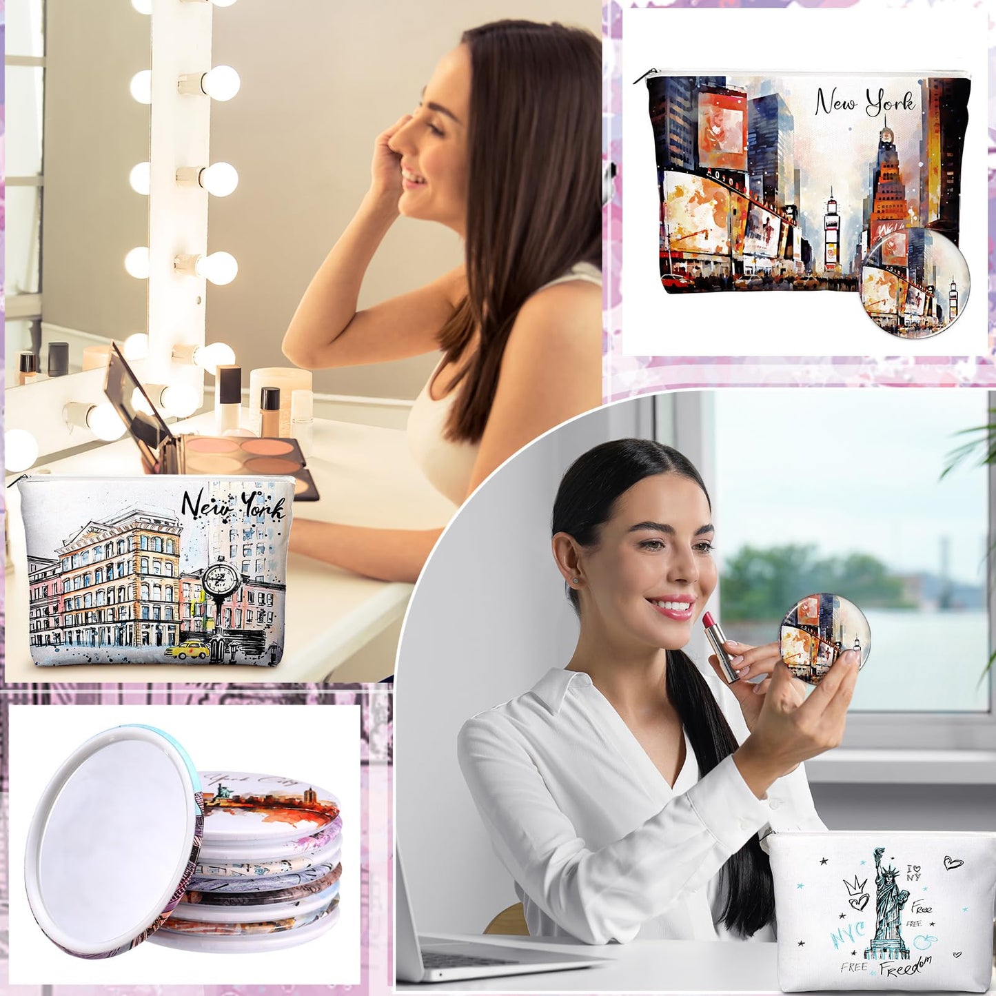 Bulyoou 36 Set New York Souvenirs Gifts Bulk City Cosmetic Bag Nyc Makeup Mirrors Souvenirs from USA Women New York Makeup Bag Birthday Party Favors Trip Journey Gifts for Friend Sisters