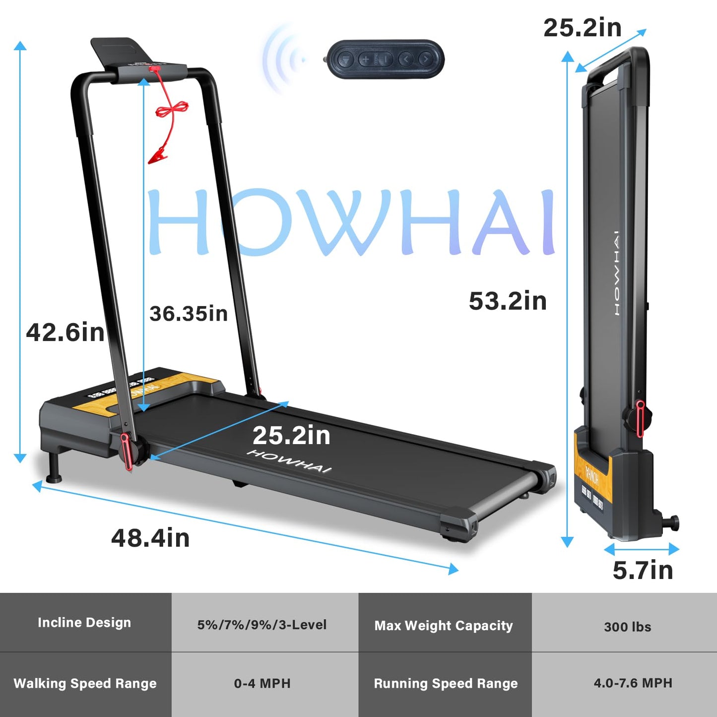 HOWHAI Treadmill with Auto Incline 9%, Walking Pad Treadmills for Home with 2.5HP, Speed 7.6MPH Walking Pad with Handle Bar, Foldable Treadmill, Remote Control and LED Display, Compact for Home Office