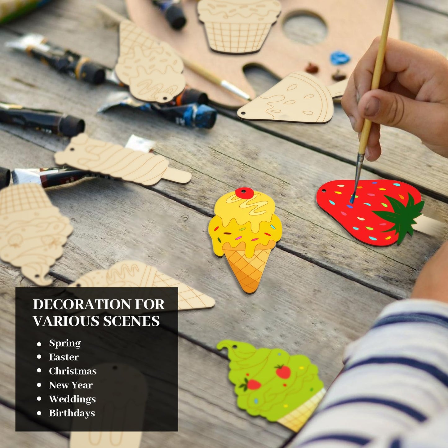 Subacy 80 PCS Unfinished Wood Cutouts 8 Styles DIY Wooden Spring Ornaments, Wooden Art Craft Painting Kit for Kids, Birthday Easter Creativity Arts & Crafts, Ice Cream Shape