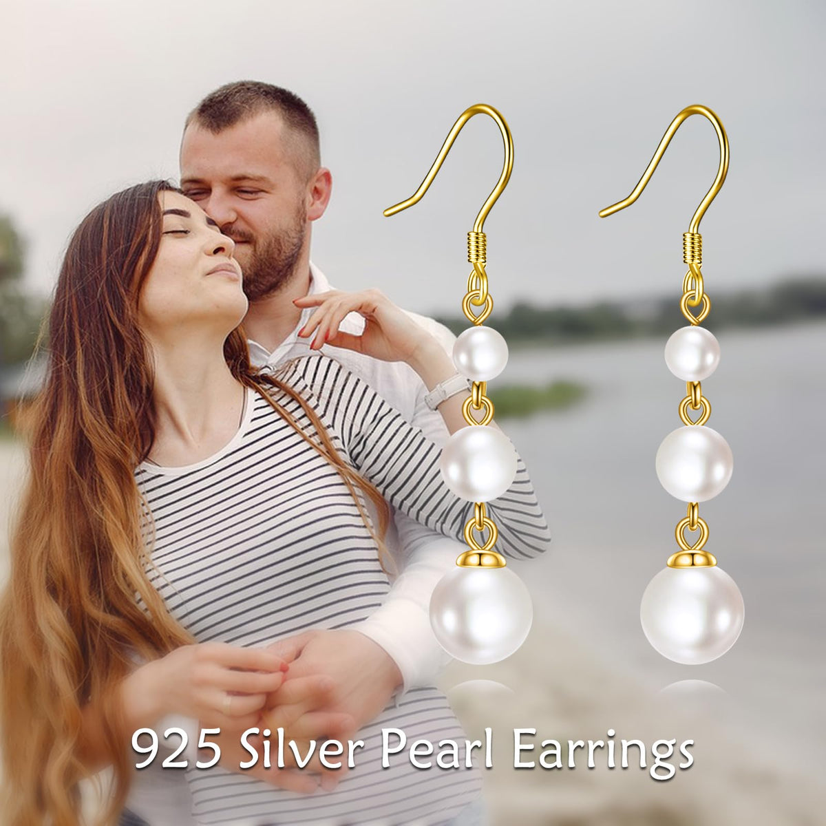 925 Sterling Silver Pearl Dangle Earrings Three Pearls Drop Jewelry Birthday Gifts for Women (Pearl-Gold)