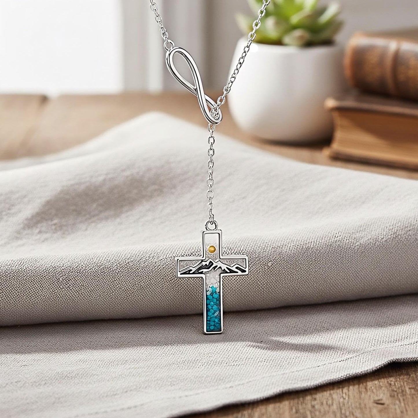 Suiknsn Mustard Seed Necklace for Women 925 Sterling Silver Turquoise Mountain Y-Necklace Faith Cross Pendant Necklace Christian Jewelry Nature Hiking Gifts for Girlfriend