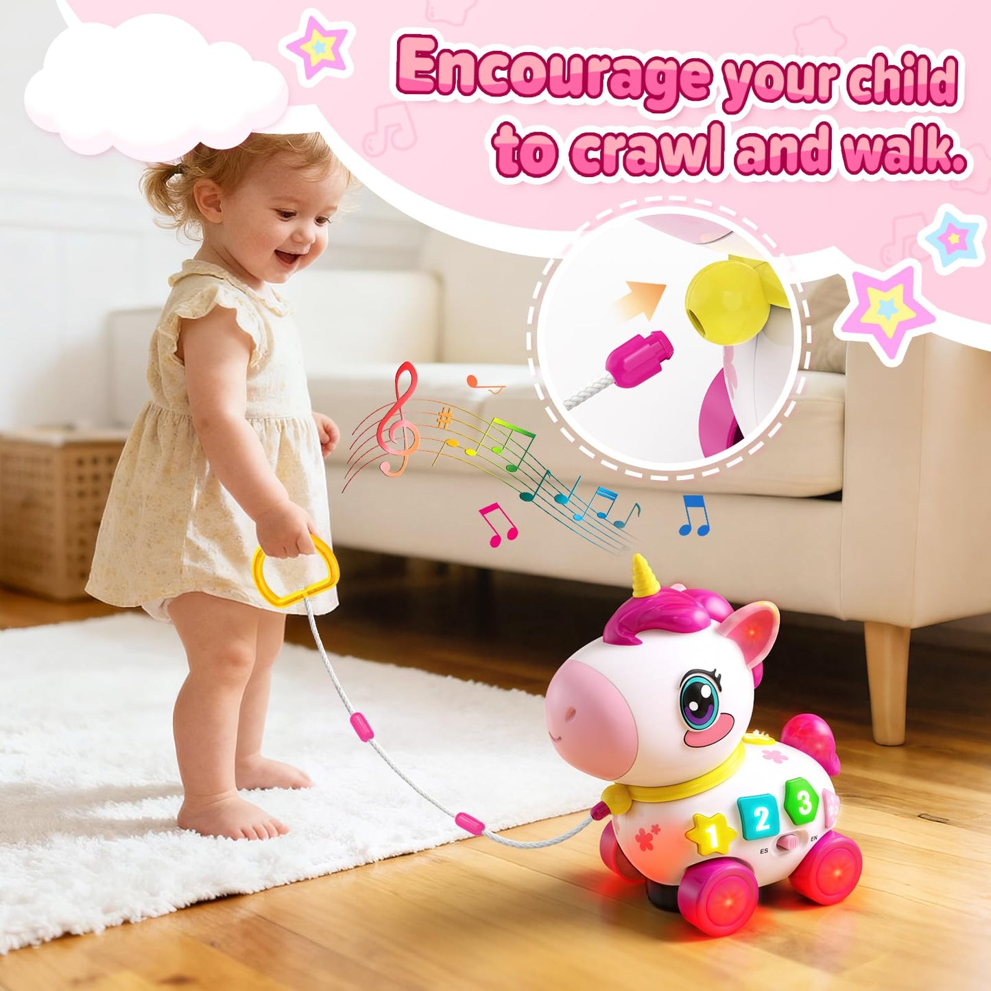 Bilingual Musical Crawling Toy for 1 Year Old Girl Gifts,Musical Unicorn Toys for Baby 6-12 Months,Baby Toys 6-12-18 Months,Toddler Educational Toy,Birthday Gifts with Music Light,Baby