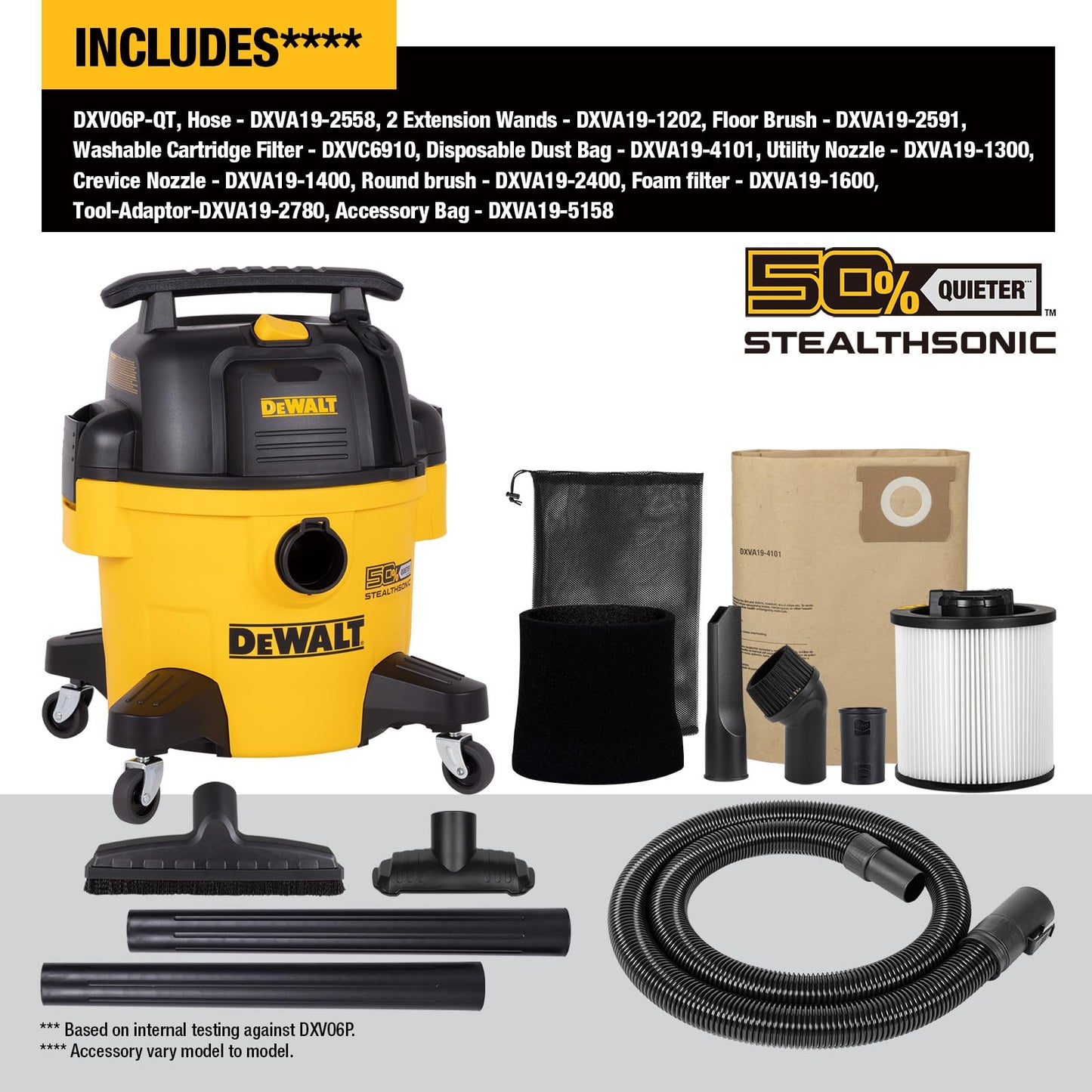 DEWALT 6 Gallon STEALTHSONIC Wet Dry Shop Vac, 5 Peak HP Shop Vacuum Wet and Dry, Ultra Quiet Shopvac with Powerful Suction, Wet Dry Vacuum Cleaner for Home, Garage, Workshop, Jobsite, DXV06P-QT