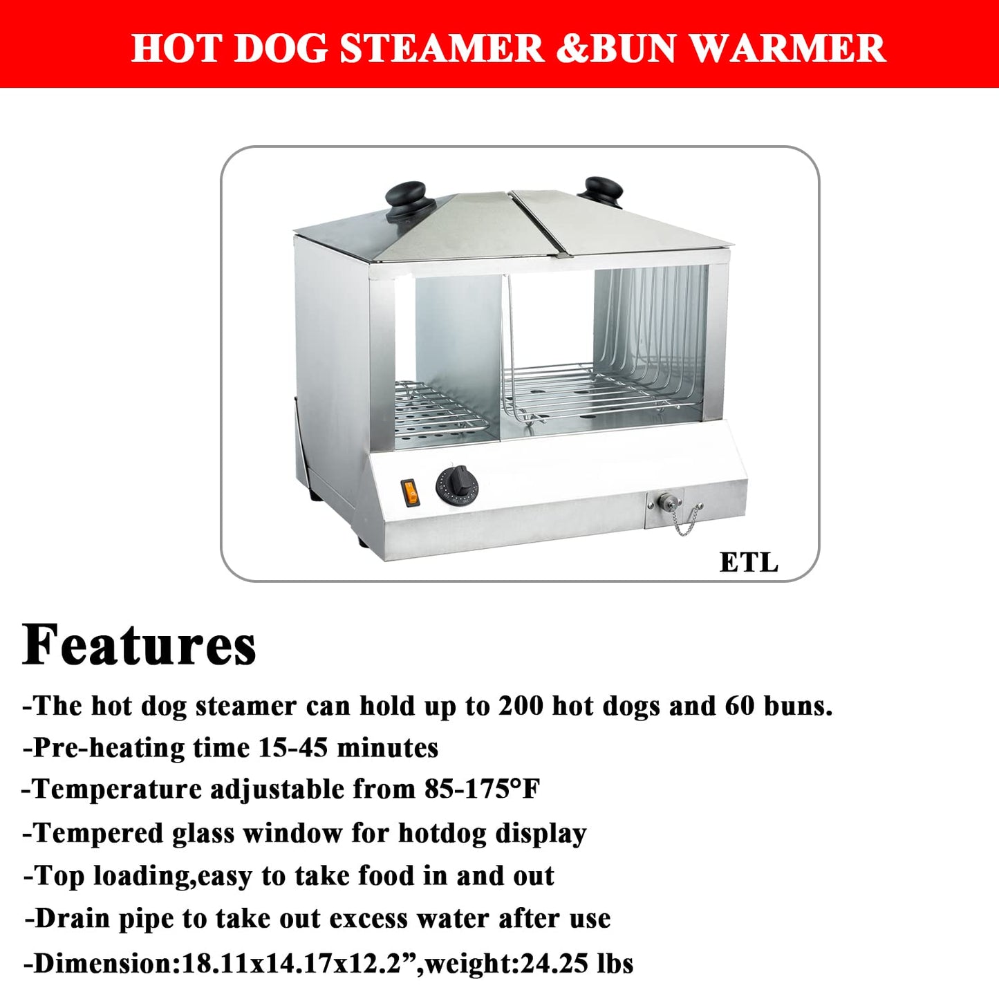 Commercial Hot Dog Machine With Bun Steamer Hotdogs Food Display Warmer Electric Portable (100 hotdogs,48 buns)