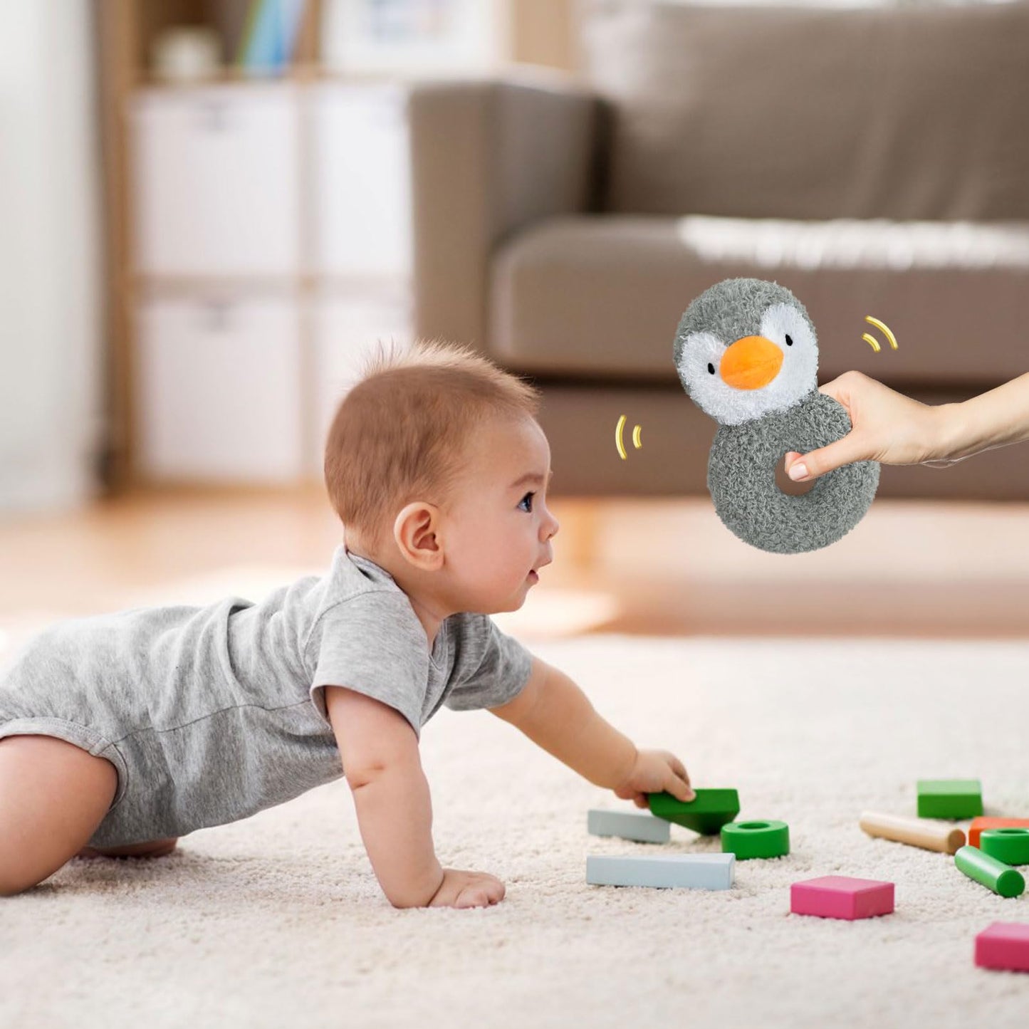 Doindute Baby Penguin Soft Rattle Toy, Plush Penguin Infant Shaker Rattle Easy-Grasp Stuffed Animal Toy, Gifts for Newborns Babies Toddlers Boys Girls, Gray, 5.5 Inches