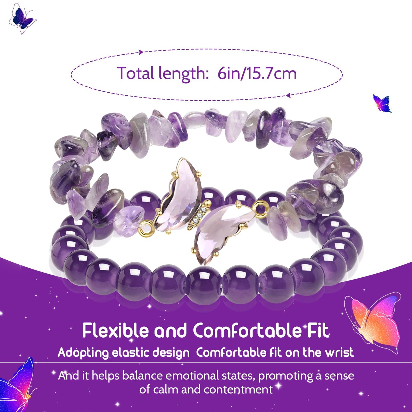 Artlunar Butterfly Bracelets Healing Bracelet Charm Jewelry Gift with Beaded Bracelets Purple Bracelet for Women (Purple)