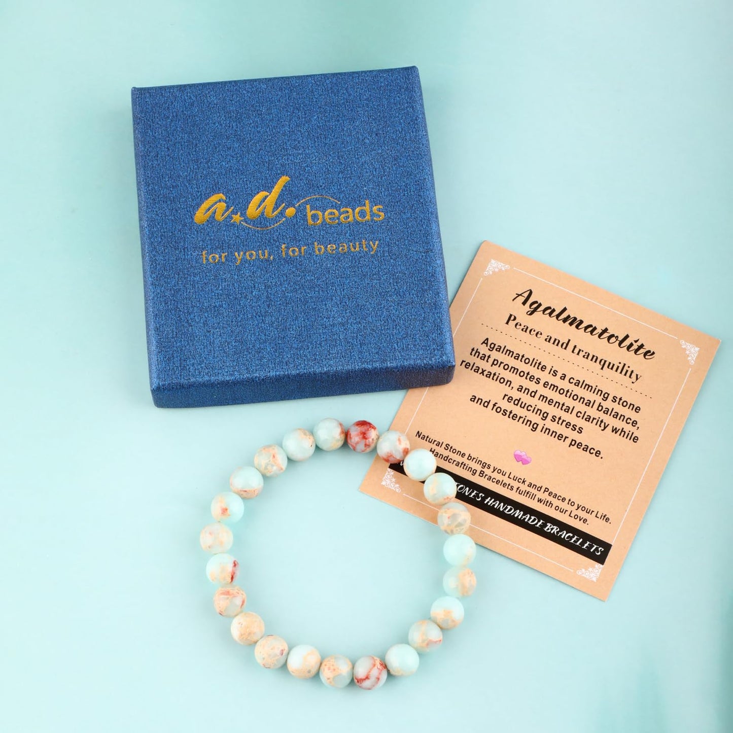 AD Beads 6mm Handmade Agalmatolite Elastic Bracelet โ Natural Gemstone for Peace and Tranquility โ Meditation, Yoga, Healing and Energy Gift for Men Women