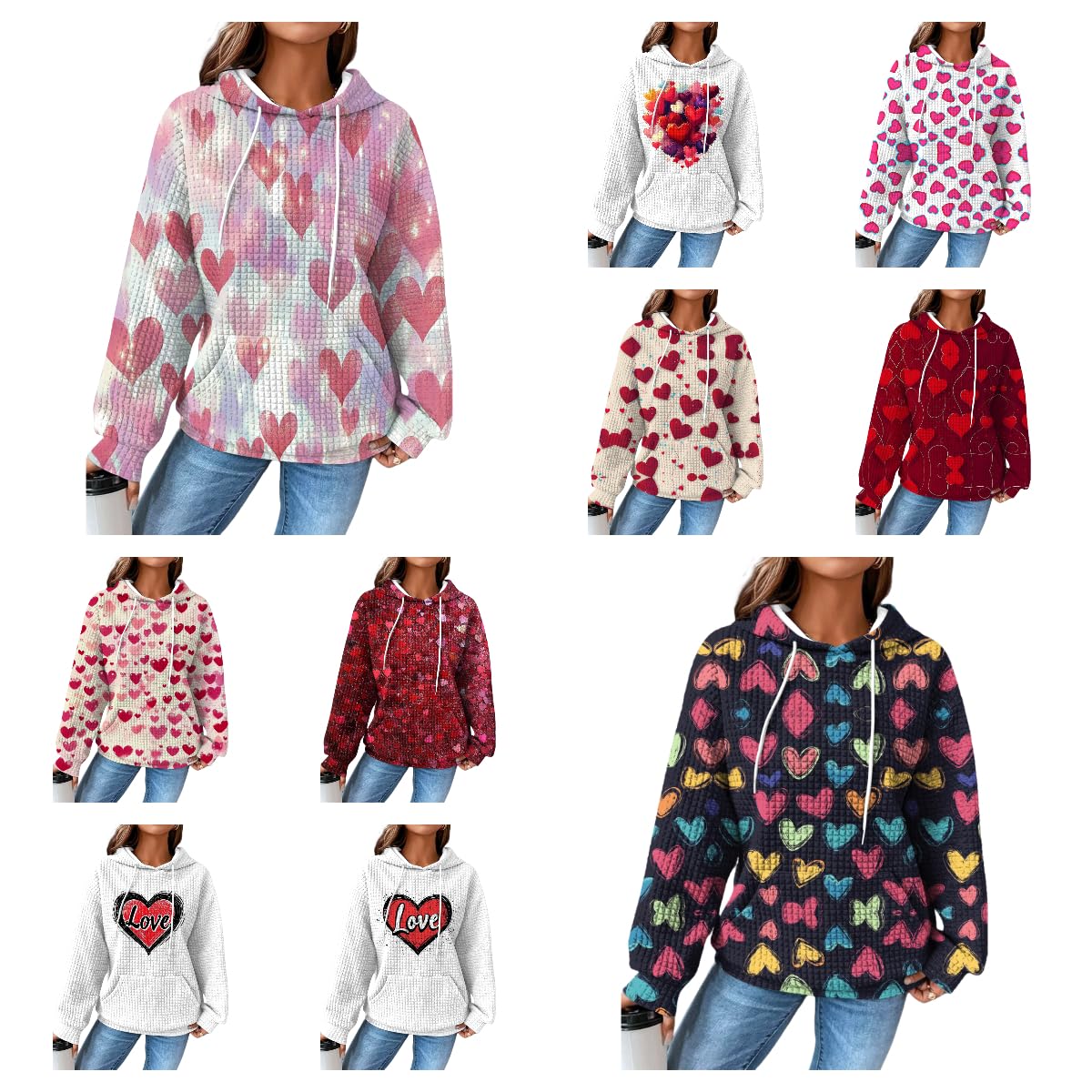 Valentines Day Outfit Women Heart Print Pullover Waffle Outdoor Warm Oversized Clothing Fashion Hooded Sweatshirt 2025 Spring Fashion Casual Elegant Dressy Cute Graphic Hoodies With Pockets,4XL