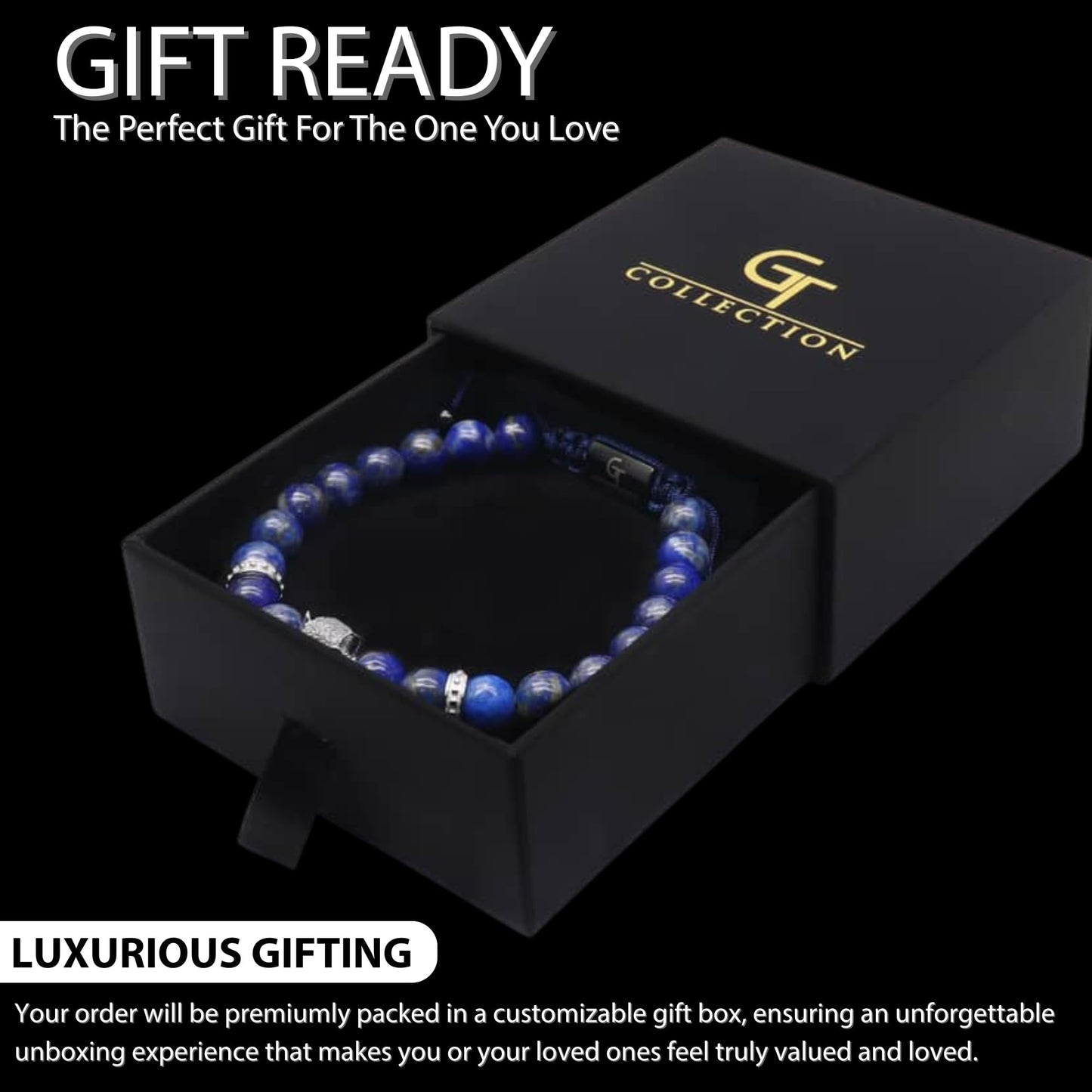 GT collection Men's Energy Bracelet with Gold Leopard Stainless Steel Bead, Adjustable Natural Gemstone Lapis Lazuli Bracelet for Men