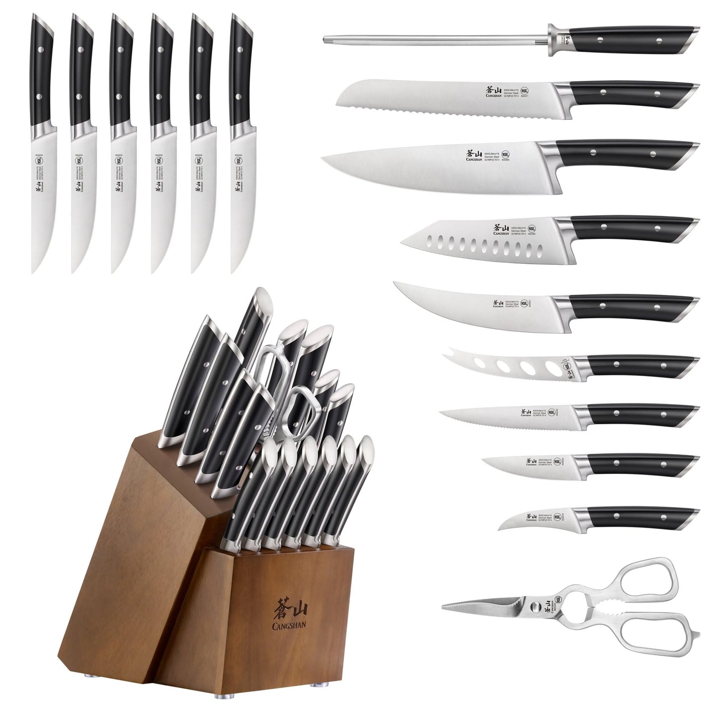 Cangshan OLYMPUS Series 17-Piece Knife Block Set, German Steel, Acacia Wood Block (Black)