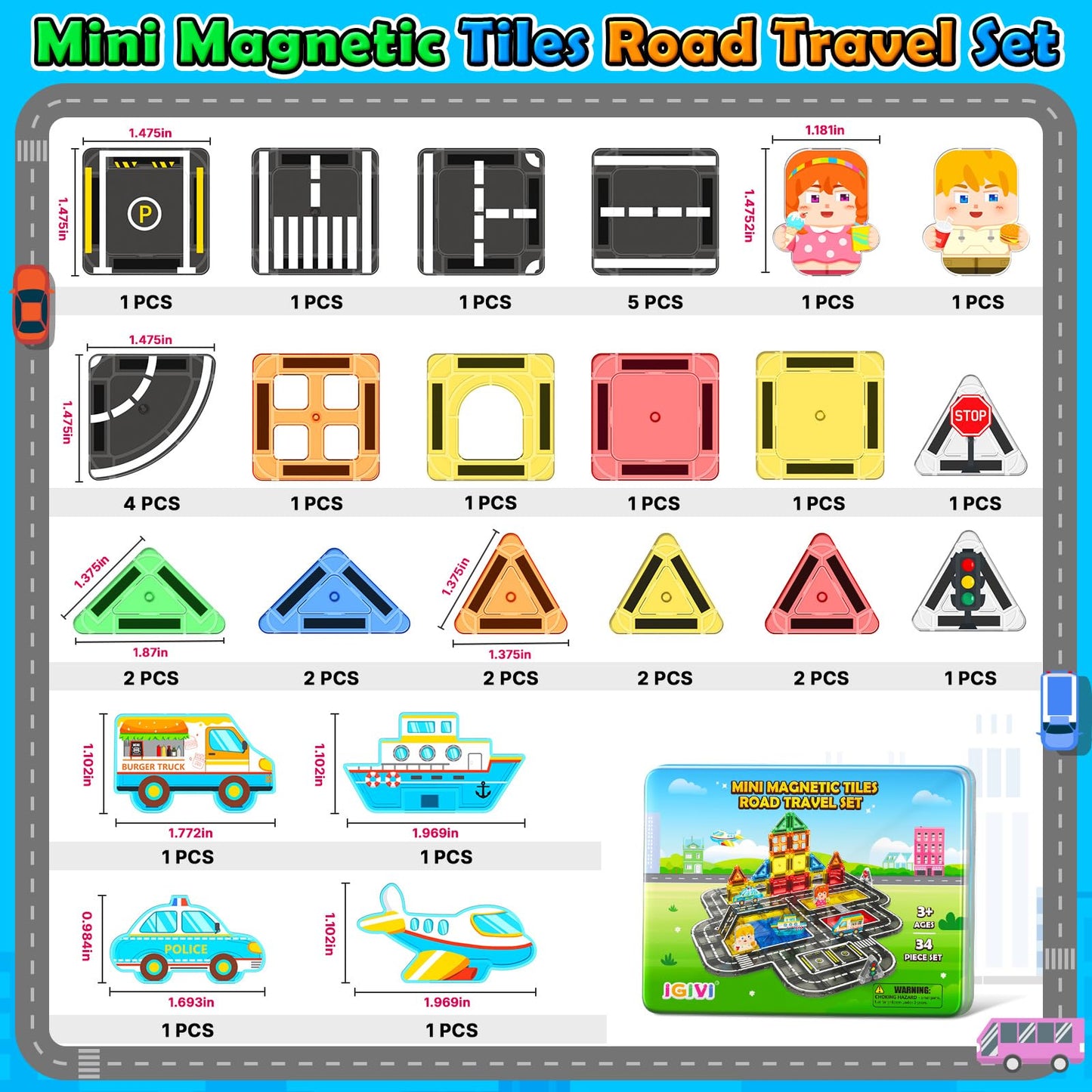 IGIVI Mini Magnetic Tiles Road Travel Essentials Set — Portable STEM Sensory Magnetic Building Blocks for Toddlers & Preschool, Compact Travel Toys for 3+ Boys & Girls, Easter Birthday Gift