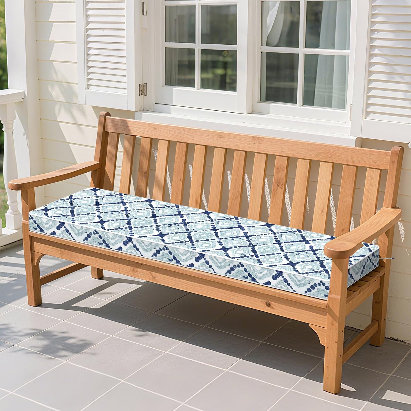 LVTXIII Extra Long Bench Cushion with Ties, 54x18 Inch Water-Repellent Outdoor Seat Cushion, 3" Thick Foam Pad for Large Patio Bench, Garden Seat, Porch Glider, Boho Geometry Blue