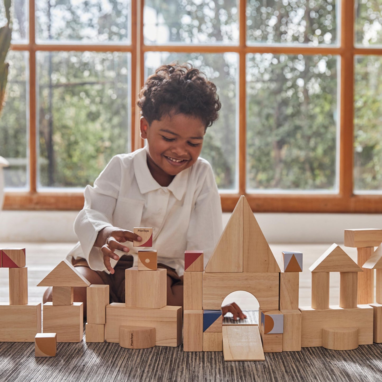 PlanToys Wooden 50 Piece Unit Block (35 mm) Building Set (5502) | Sustainably Made from Rubberwood and Non-Toxic Paints and Dyes | PlanNatural Classic Wooden Toy Collection