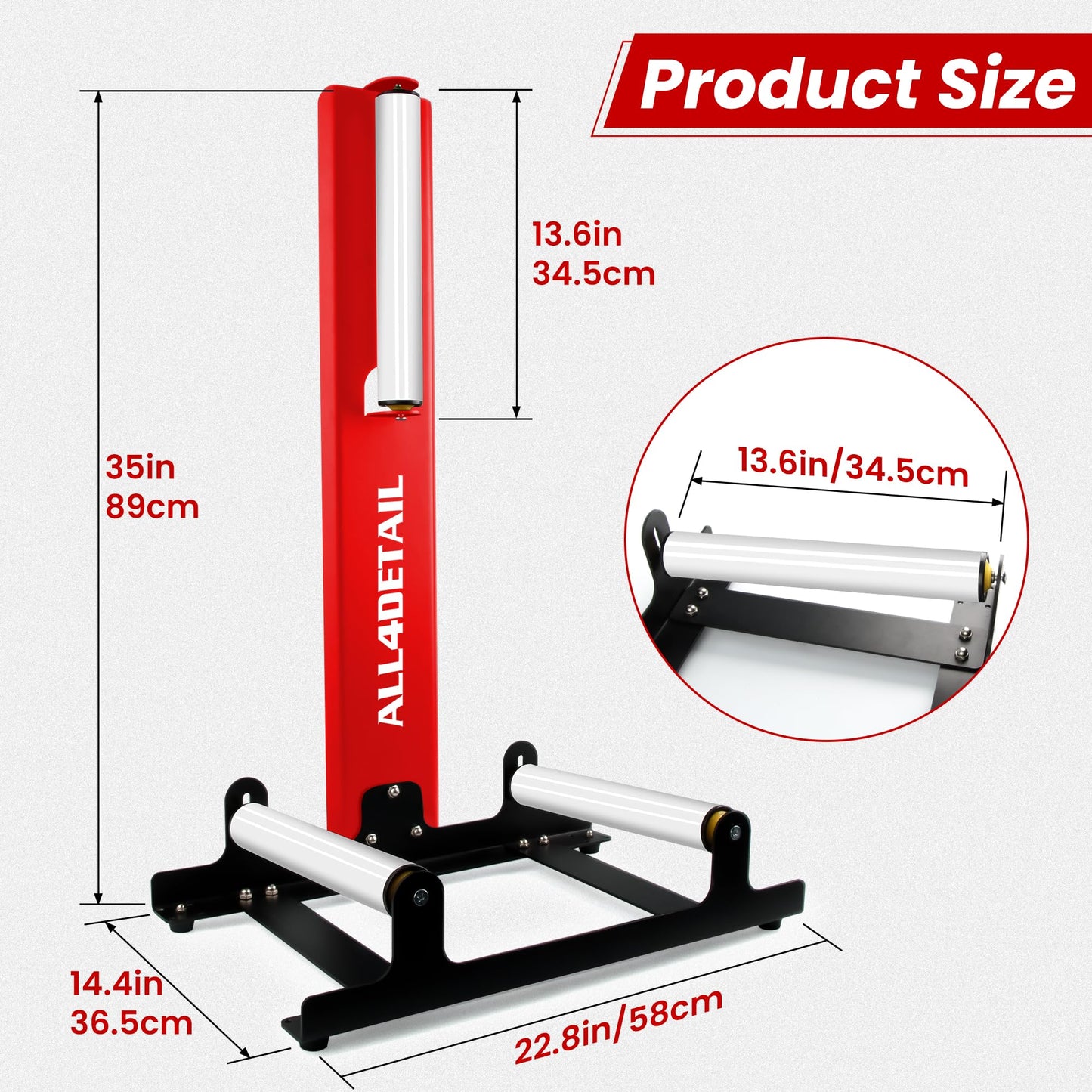 ALL4DETAIL 360° Rolling Wheel Detailing Stand, Heavy Duty Wheel Cleaning Stand for Wheel Tire Rim Cleaning Ceramic Coating, Red