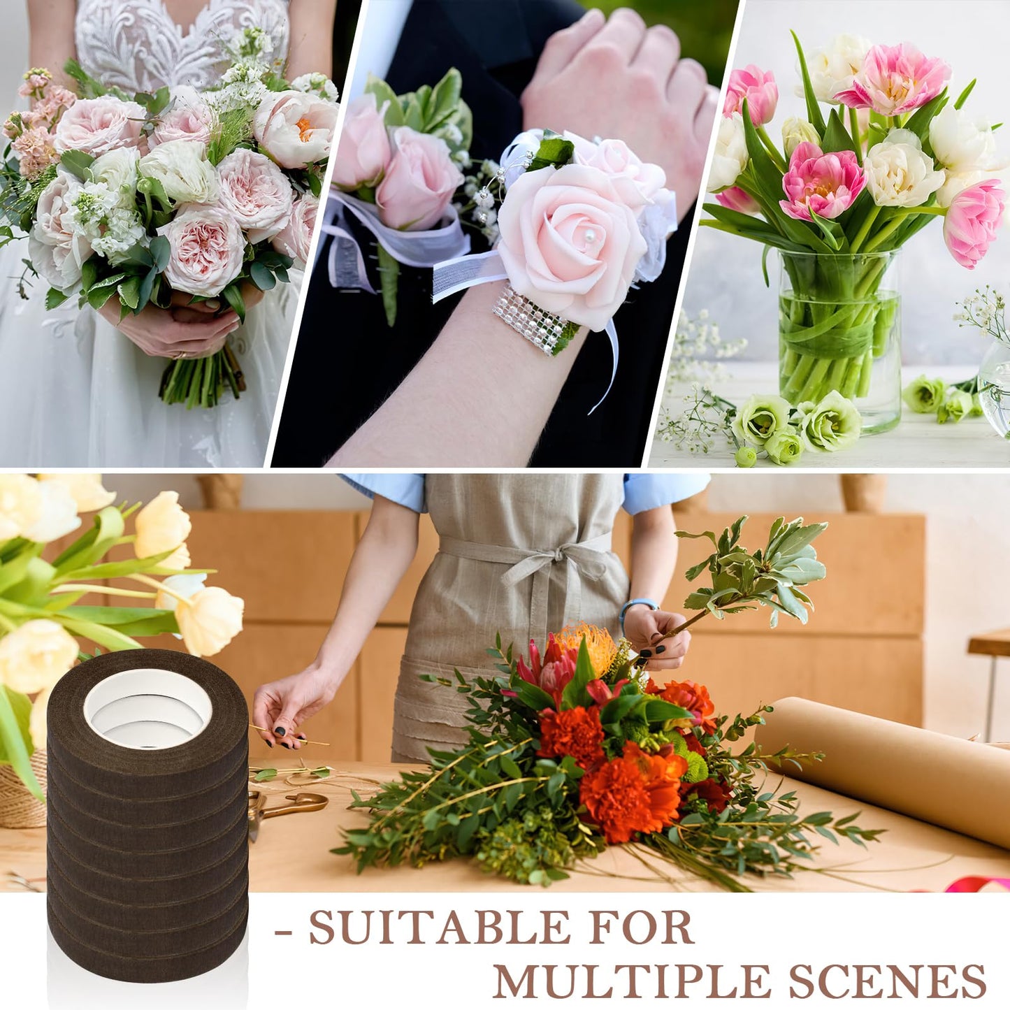 COIDEA 8 Packs Floral Tape, 1/2" Wide Flower Tape, Brown Floral Tape for Fresh Flowers, Adhesive Florist Tape for Floral Crafts, Bouquet Floral Arranging Stem Wrapping, Wedding Bouquet, 30Yard