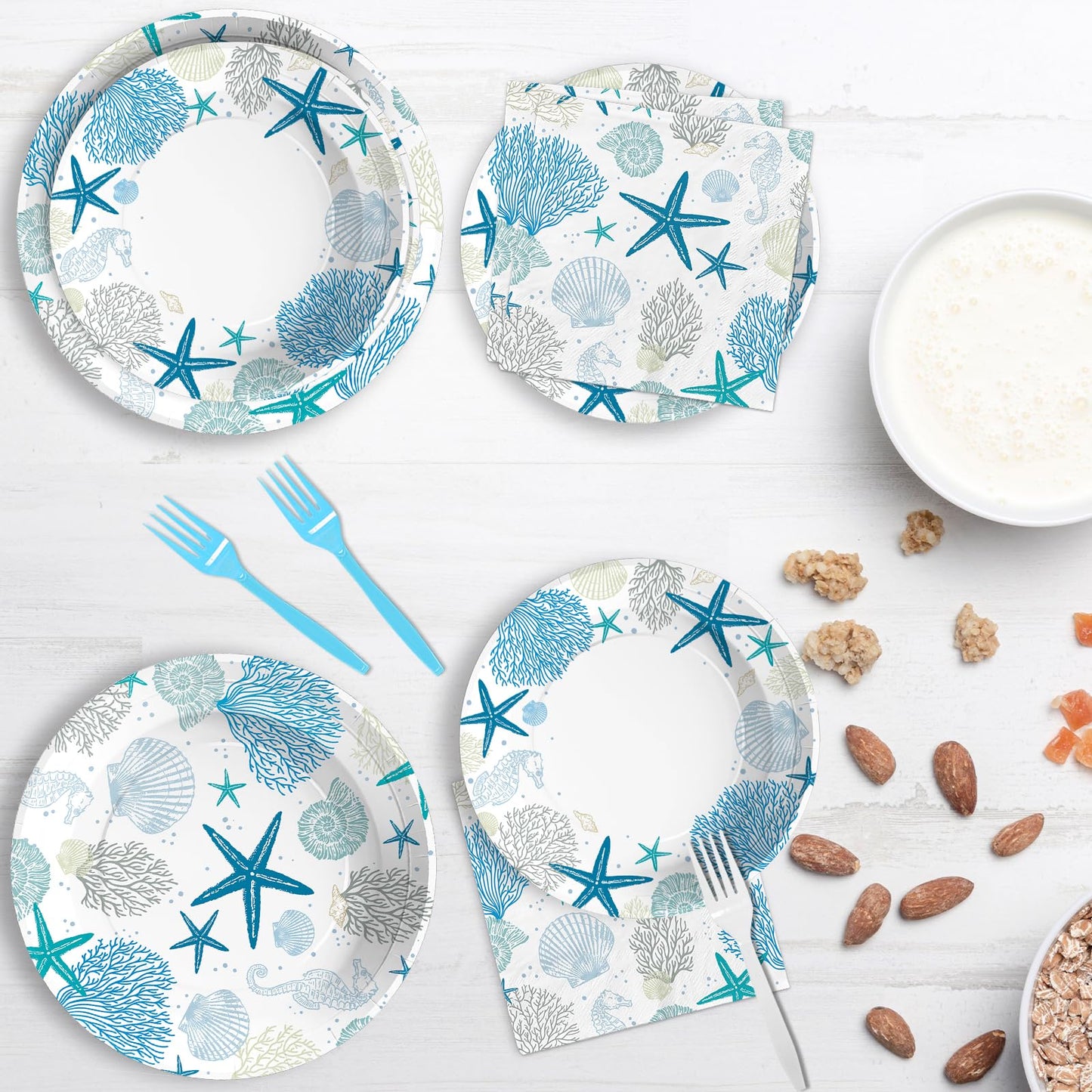 96Pcs Coastal Beach Party Decorations Blue Seashell Starfish Coral Plates and Napkins Sets Nautical Ocean Birthday Party Decorations for Summer Beach Baby Shower Wedding Party Supplies Serves 24