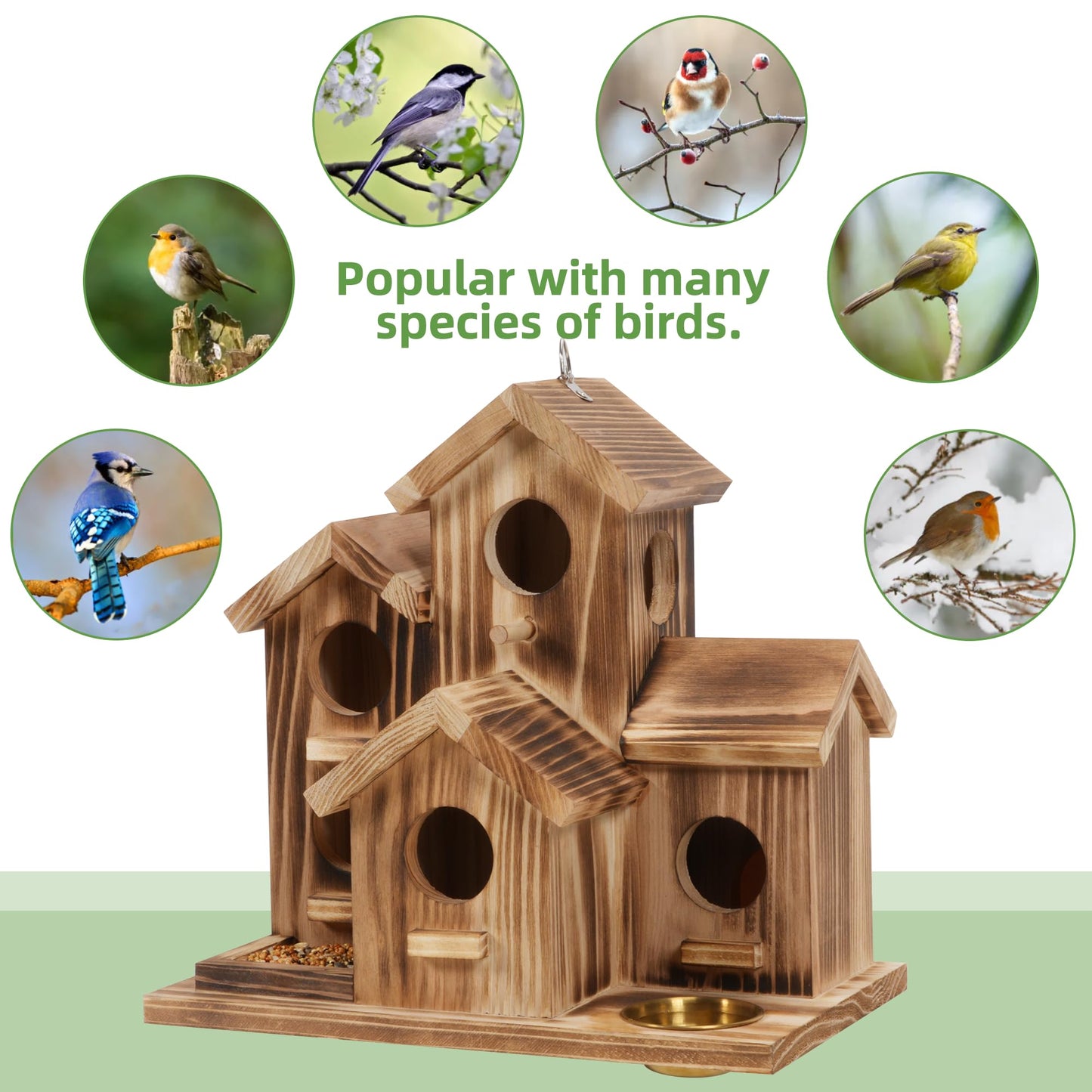 MIXXIDEA Bird House 5 Hole Bird Houses for Outside with Thickened Wooden Board,Birdhouse for Blue Bird Humming Bird and Chickadee Swallow. Hanging Edible Wild Bird Nest Garden Decorative
