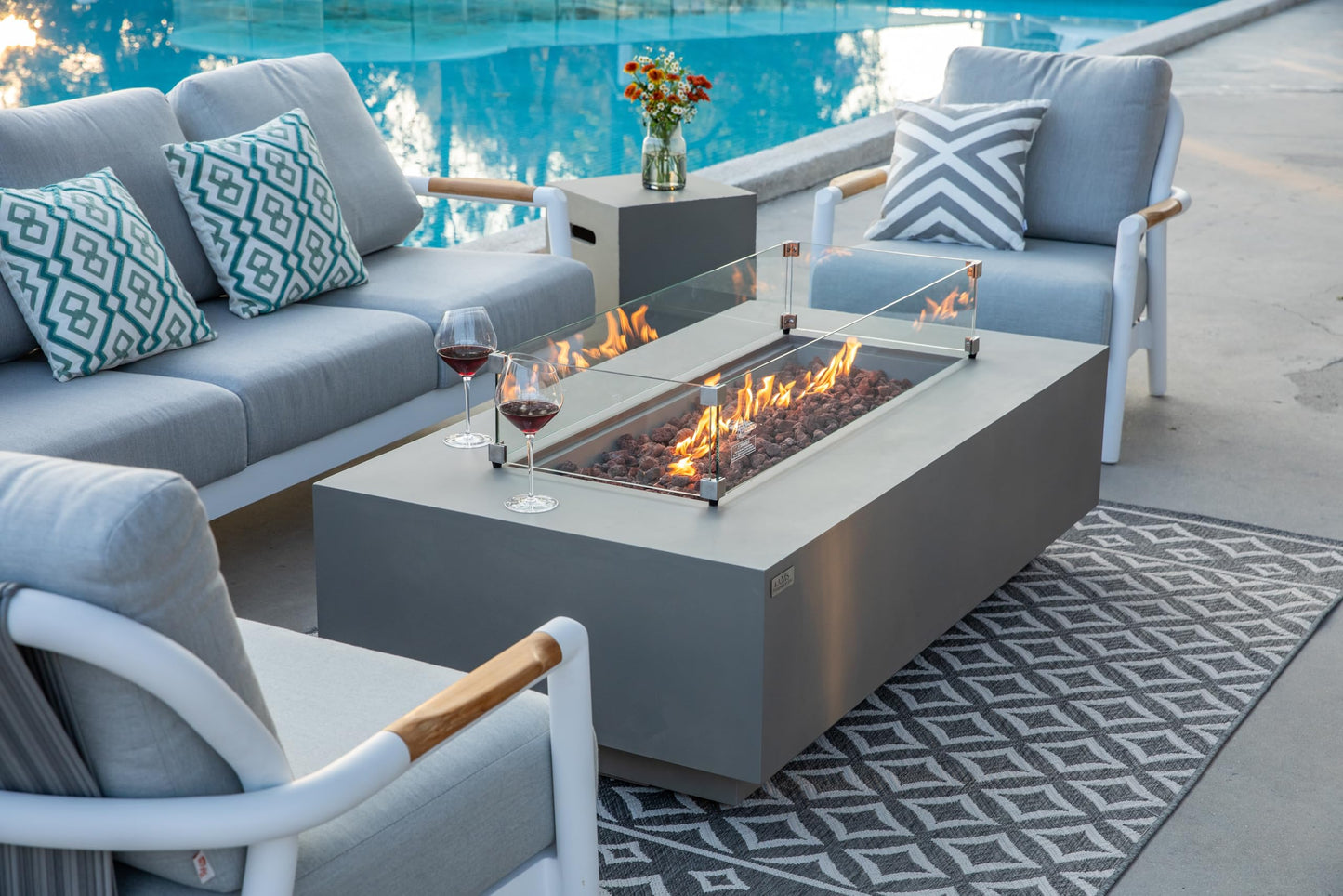 AMS Creations | Madison 60" Bundle Rectangular Natural Gas Outdoor Fire Pit Table | Light Gray Concrete GFRC | Smooth Texture or Surface | Electronic Ignition | Outside Backyard Fireplace
