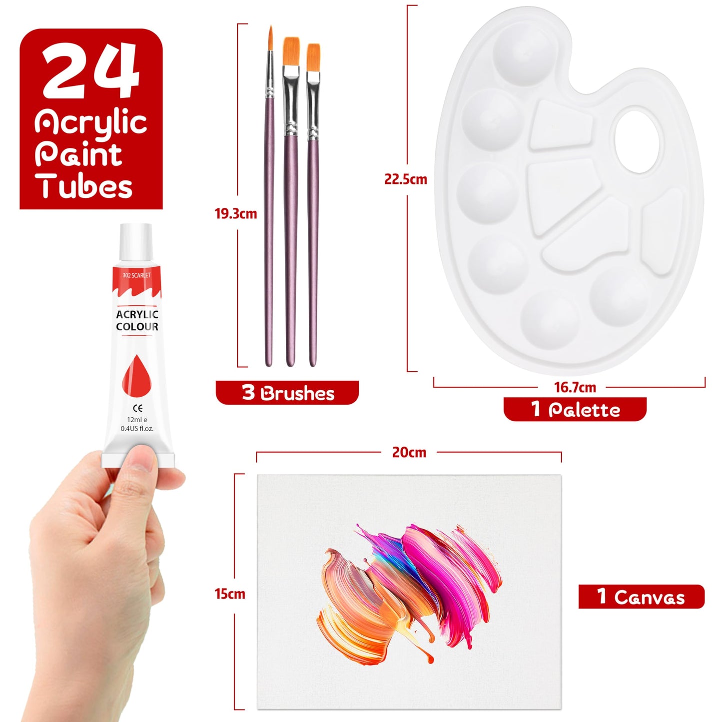 Acrylic Paint Set with 3 Paint Brushes, 24×12ml Colors Premium Paint Set with 1 Palette 1 Canvas Boards, Art Painting Kits for Adults, Paints Supplies for Canvas Rock Painting Craft Art Class