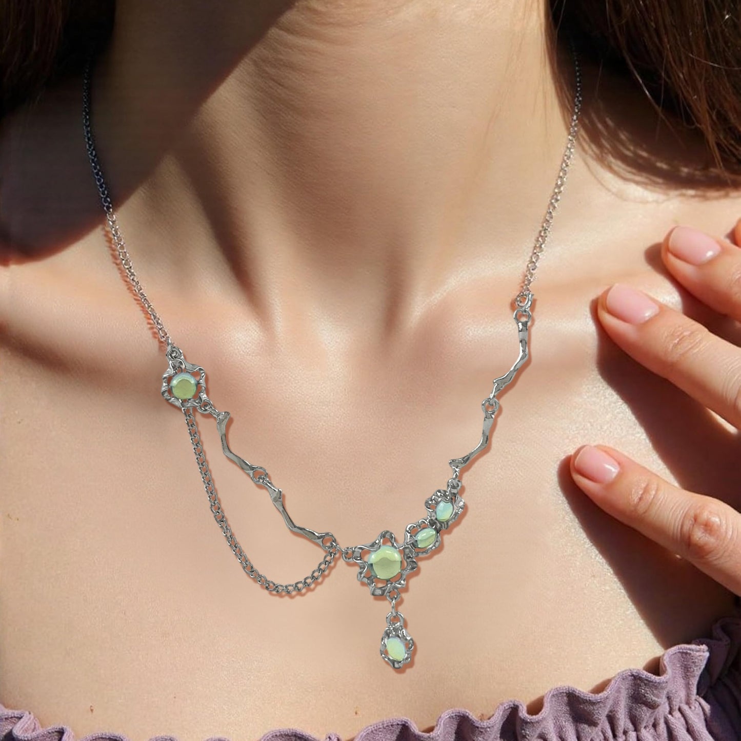 Buyongwant Y2k Irregular Necklace for Women Moonstone Cat Eye Fashion Collar Chain Design Spicy Silver Jewelry