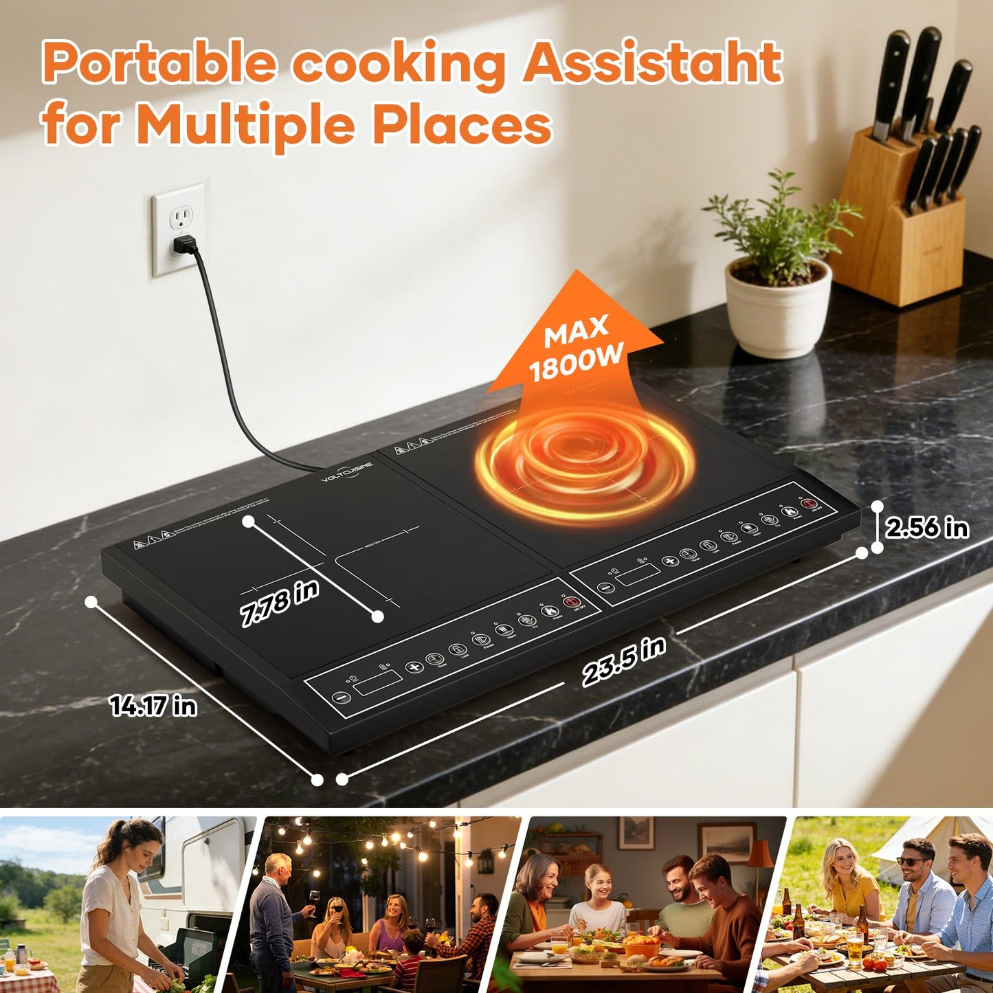 VoltCuisine 24 Inch Double Induction Cooktop, Physical Button Control, 1800W Shared Power, Dual Burner Portable Electric Stove with Low Power Continuous Heating, Countertop Cooker for Home & RV