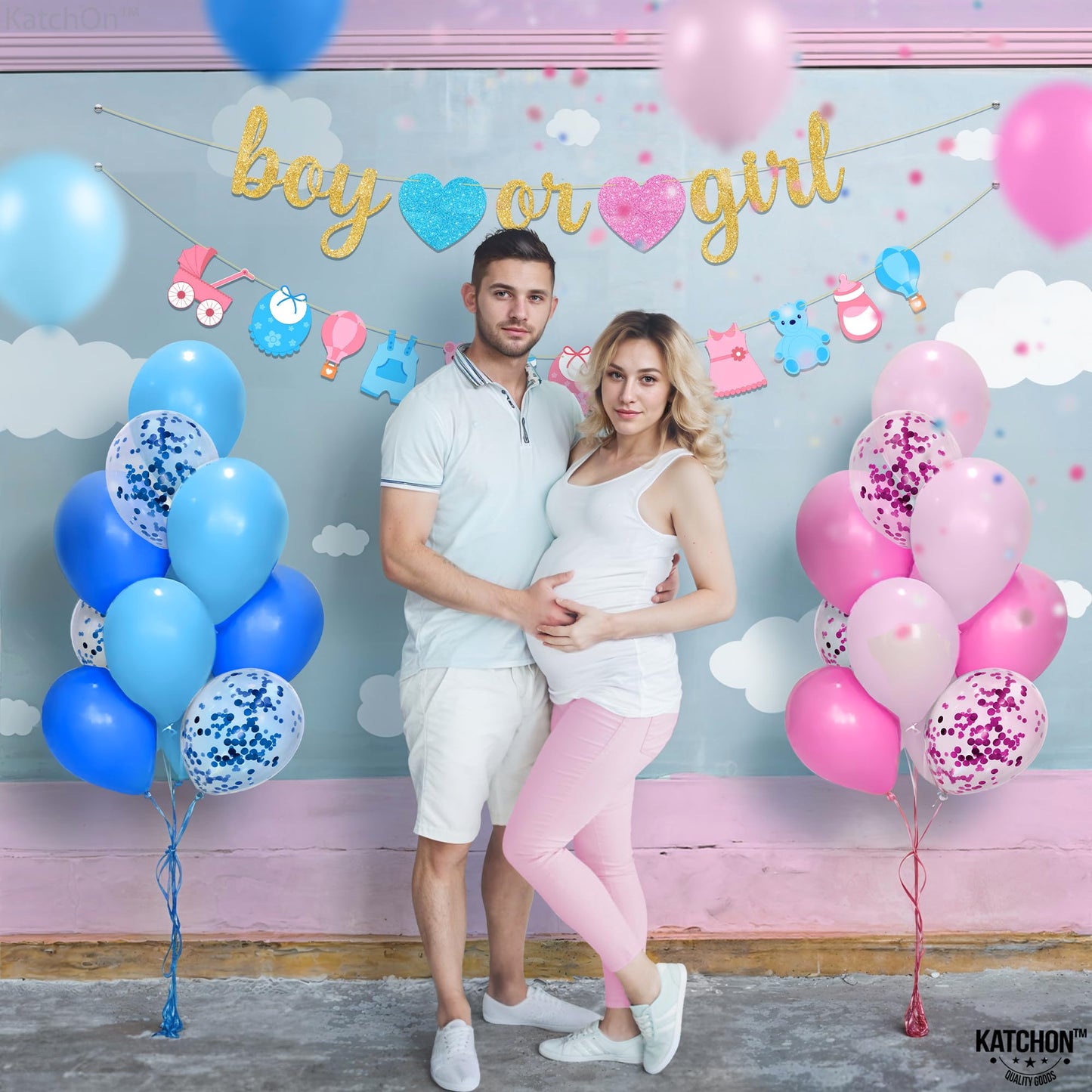 KatchOn, Gender Reveal Decorations Kit - Pack of 40, No DIY | Boy or Girl Gender Reveal Banner | Boy or Girl Baby Shower Decorations | Blue and Pink Gender Reveal Balloon Arch Kit | Boy or Girl Sign