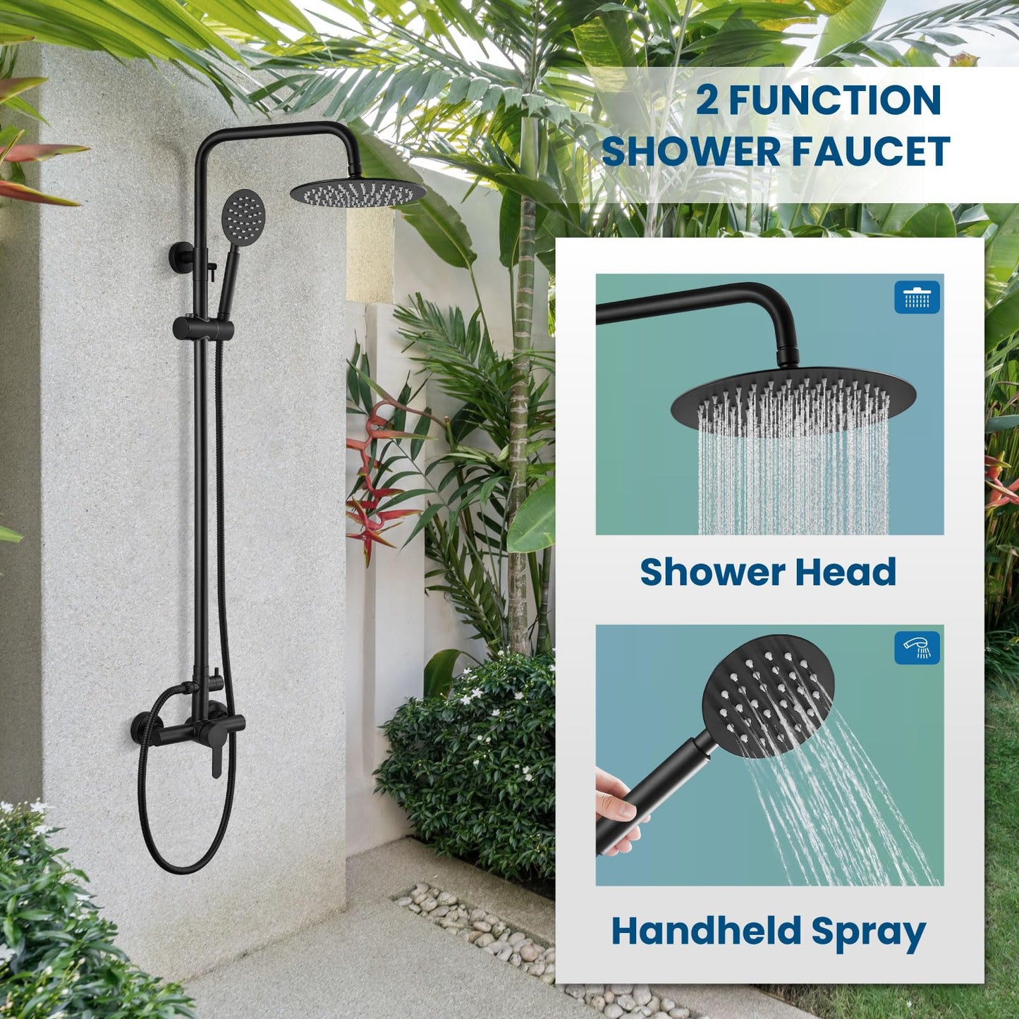 gotonovo SUS304 Outdoor Shower Fixtures High Pressure Rainfall Shower System Combo Wall Mount 2 Dual Function 8 Inch Shower Head and Round Handheld Spray Single Handle Shower Faucet Set Matte Black
