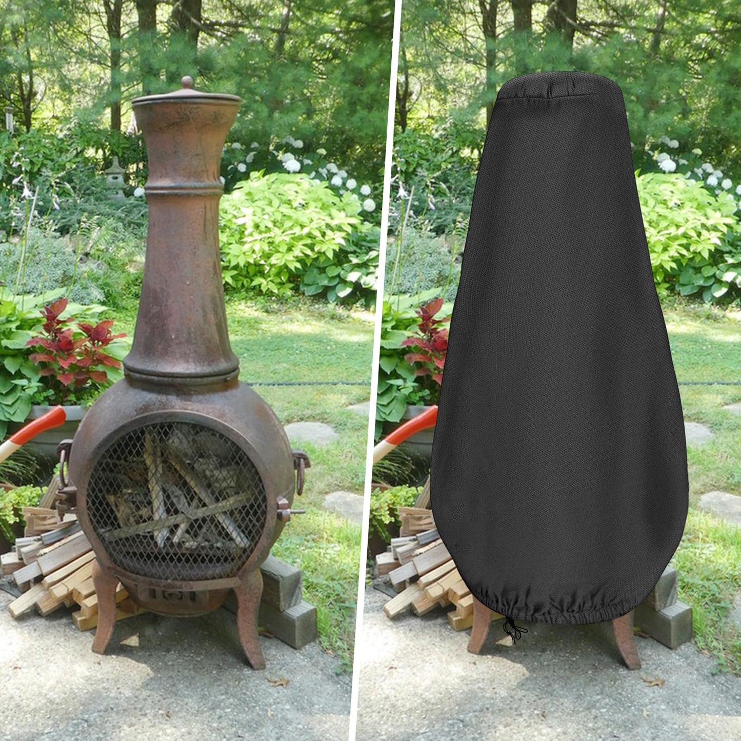 Chiminea Cover Waterproof Protective Cover Patio Furniture Covers, Outdoor Fireplace, Adjustable Drawcord, Black, 59x31x12inch