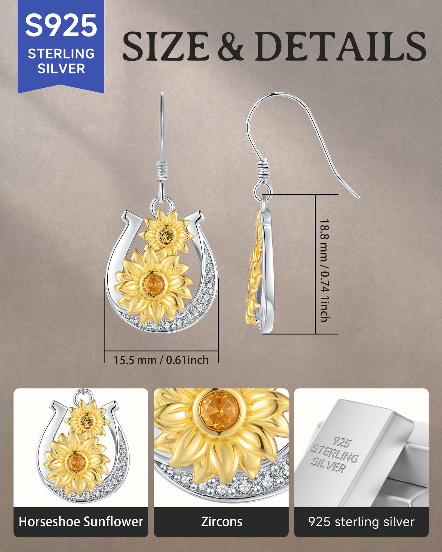 JZWUYAN 925 Sterling Silver Sunflower Horseshoe Dangle Earrings for Women β Two-Tone Gold Plated Floral Drop Earrings with Citrine Stone β Birthday, Mother's Day, Graduation Gift for Her