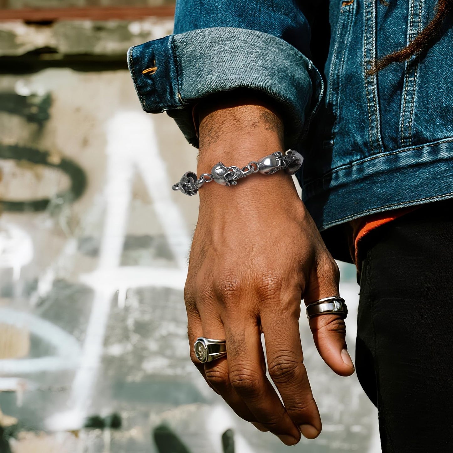 LuxGoth Stainless Steel Skull Head Link Chain Bracelet Gothic Punk Rock Biker Viking Vintage Link Curb Bracelet Jewelry for Men Silver GTS-B1B45041