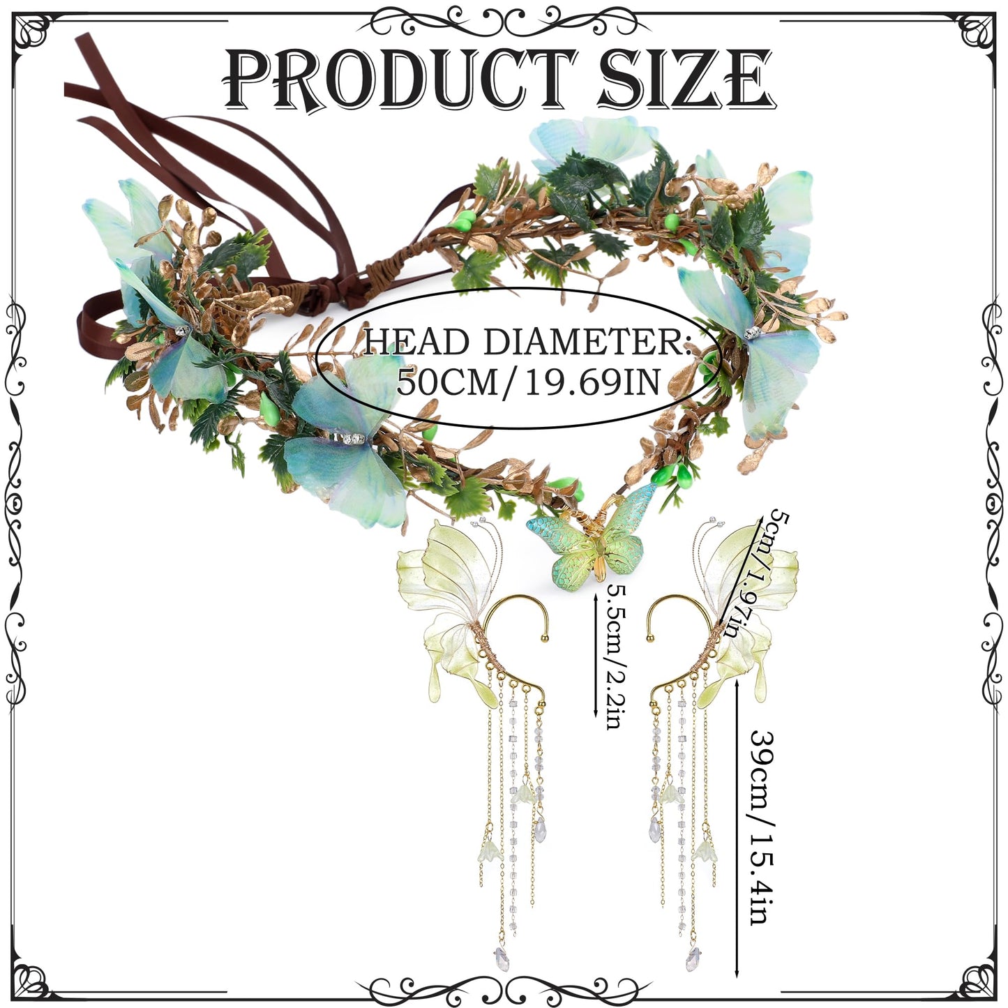 MOSTORY Butterfly Fairy Accessories Set - Green Flower Elf Crown Elf Ear Cuffs Kit for Woodland Renaissance Costume Women Forest Fantasy Fairycore Cosplay