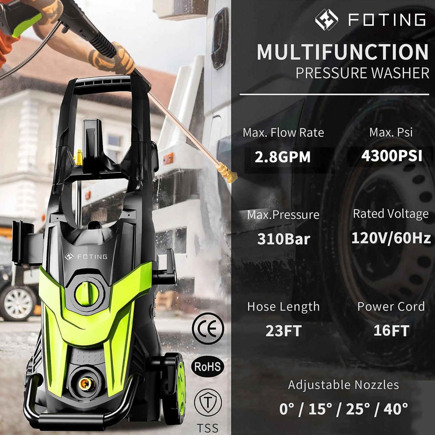 Power waher 4300PSI with 4 Quick Connect Nozzles, Inlet Hose & Filter& Foam Cannon for Cars/Fences/Driveways/Home Cleaning, Green