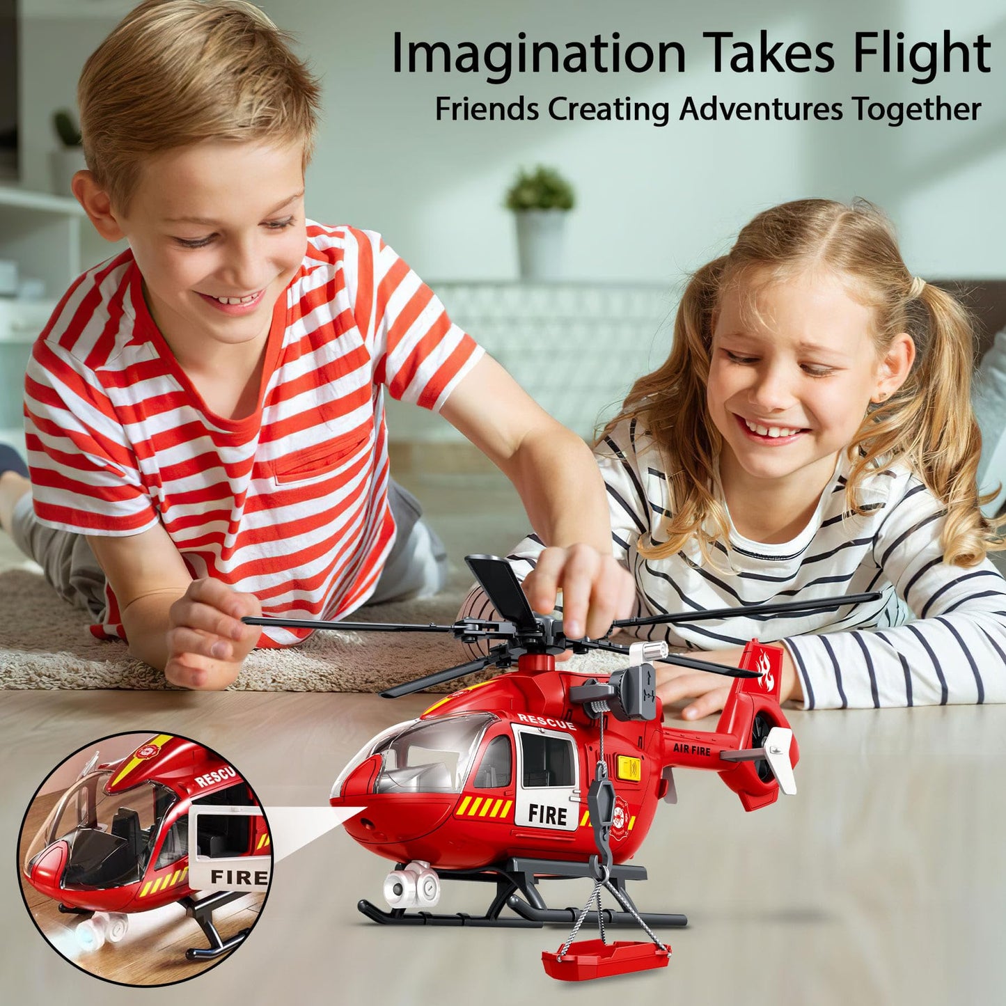 Fire Rescue Helicopter Toys for Boys with Hanging Basket Toy Airplane with Lights and Sound Firefighting Vehicles Toys for Kids Aged 3 4 5 6 7