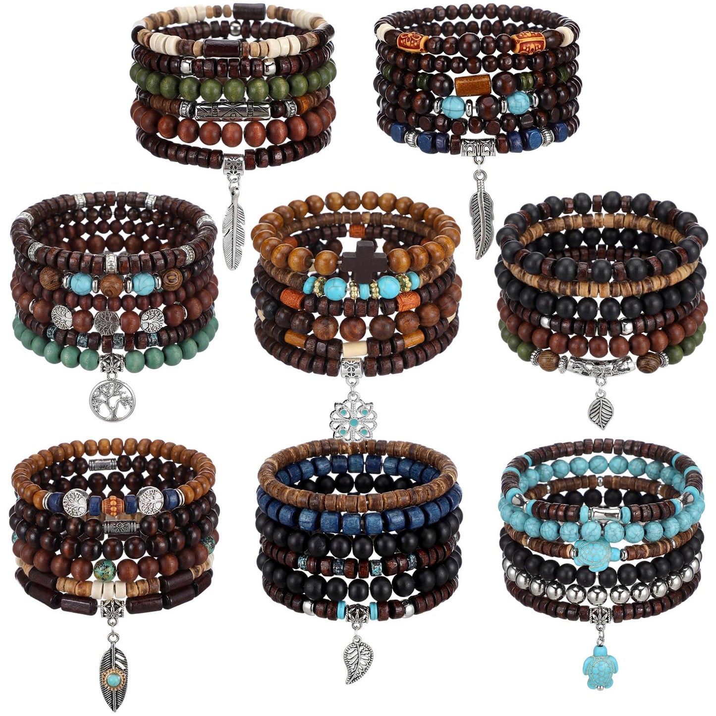 Tondiamo 48 Pcs Punk Wooden Beads Bracelets Gothic Bracelet for Men Adjustable Bulk Vintage Beaded Bracelet Metal Set Wood Bangles Wristbands Commemorative Gift