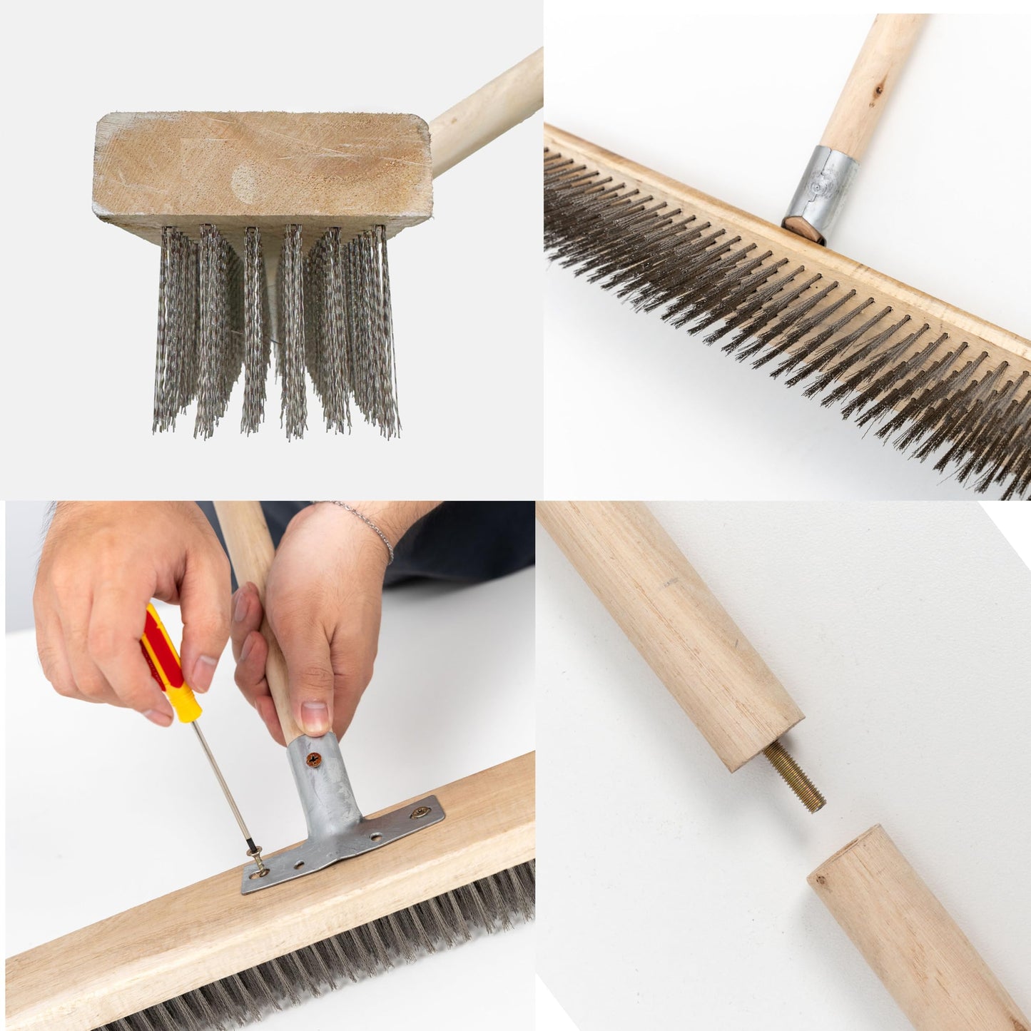 BMart Home Stainless Steel Deck Scrub Brush Broom with Long Handle -Scrubber Brush with Pole, Stiff Metal Bristle Brush for Removing Weed Moss Outdoor Floor Scrub Brush for Patio, Deck, Garden