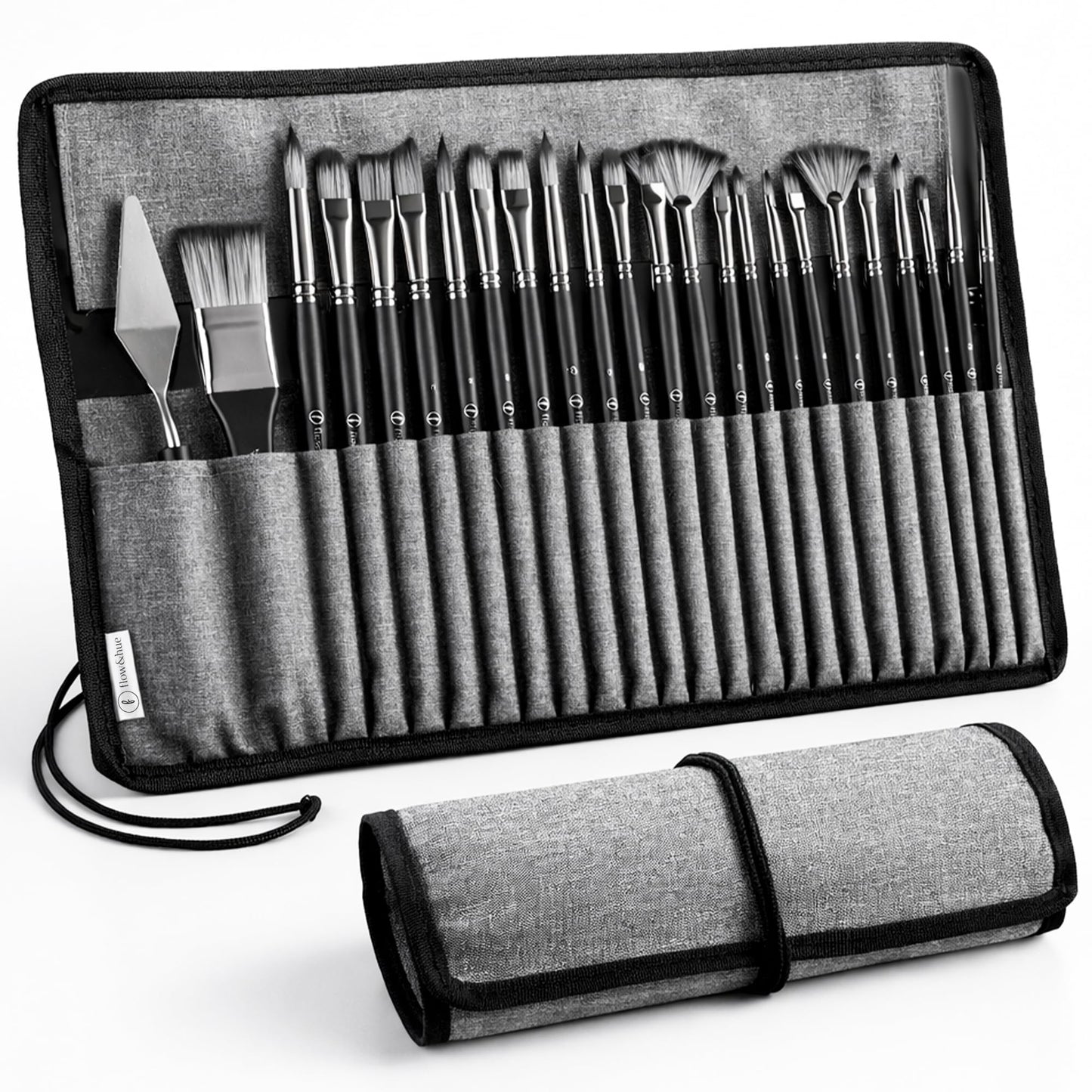Flow & Hue 25 Pce Professional Paint Brush Set β Acrylic, Watercolor, Oil & Gouache - 9 Brush Shapes (Flat, Round, Filbert, Fan, Angle, Liner) + Palette Knife & Waterproof Canvas Roll Case for Artists