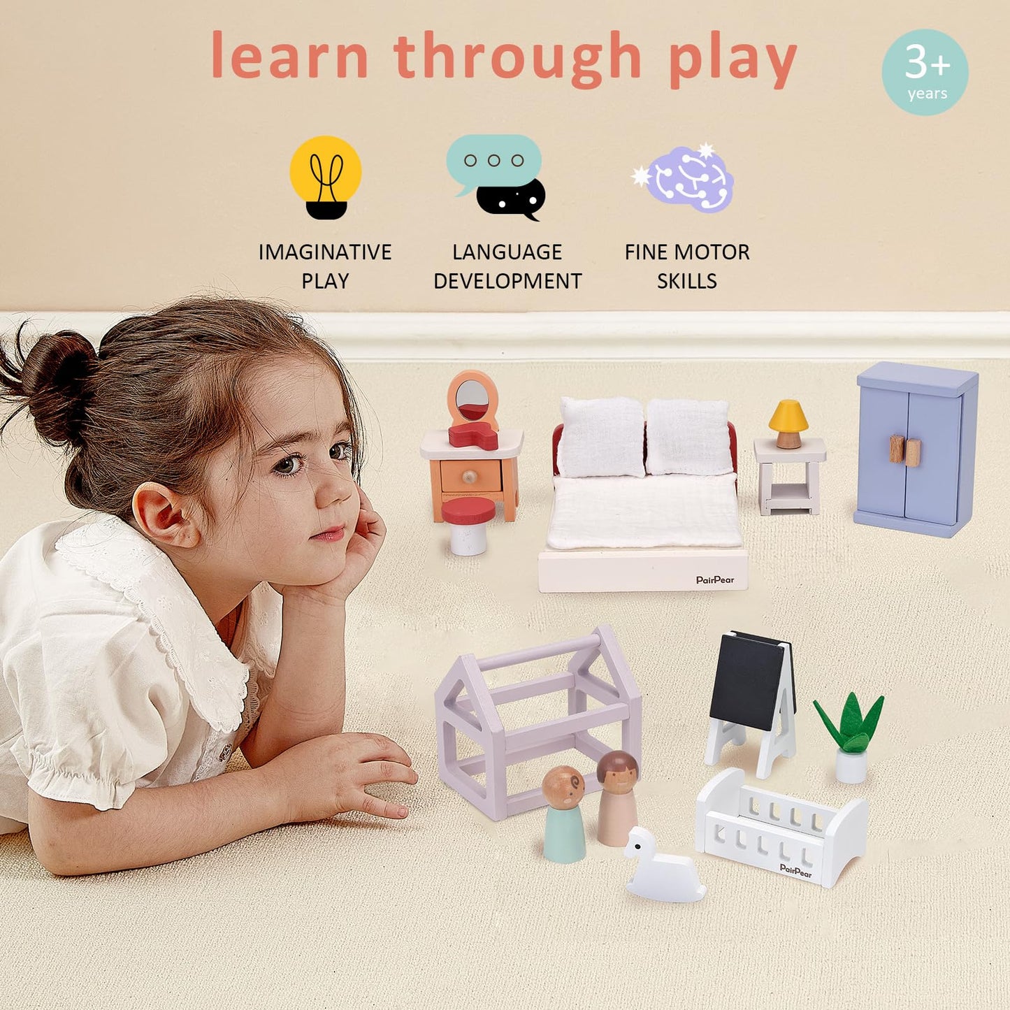 PairPear 56 Pcs Wooden Dollhouse Furniture with Family Dolls, Solid Wood Large Dollhouse Accessories for Toddlers 3 4 5 6, Pretend Play Furniture Toys Gift for Birthday and Christmas