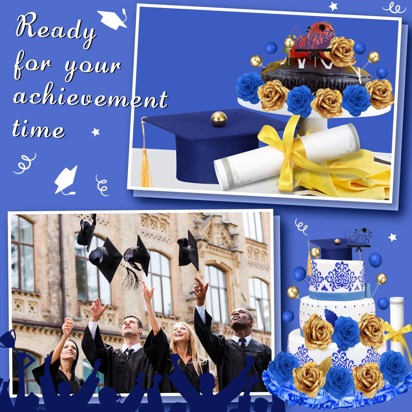 Jingmore Graduation Cake Kit Included Felt Graduation Cap Diploma Classic Black Congrats Grad Cupcake Toppers Beads Leaf Flowers Cake Decorations for Class of 2026 Party(Blue and Gold)