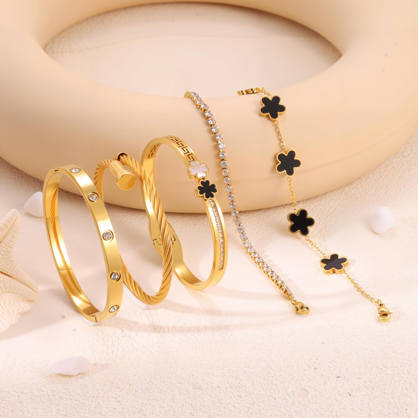Camhanno 18K Gold Plated Bracelet Set for Women, Stainless Steel Bangle Set with Four Leaf Clover, Crystal Rhinestone Lucky Charm Jewelry, 5-Piece (Black Clover Bracelet Collection)
