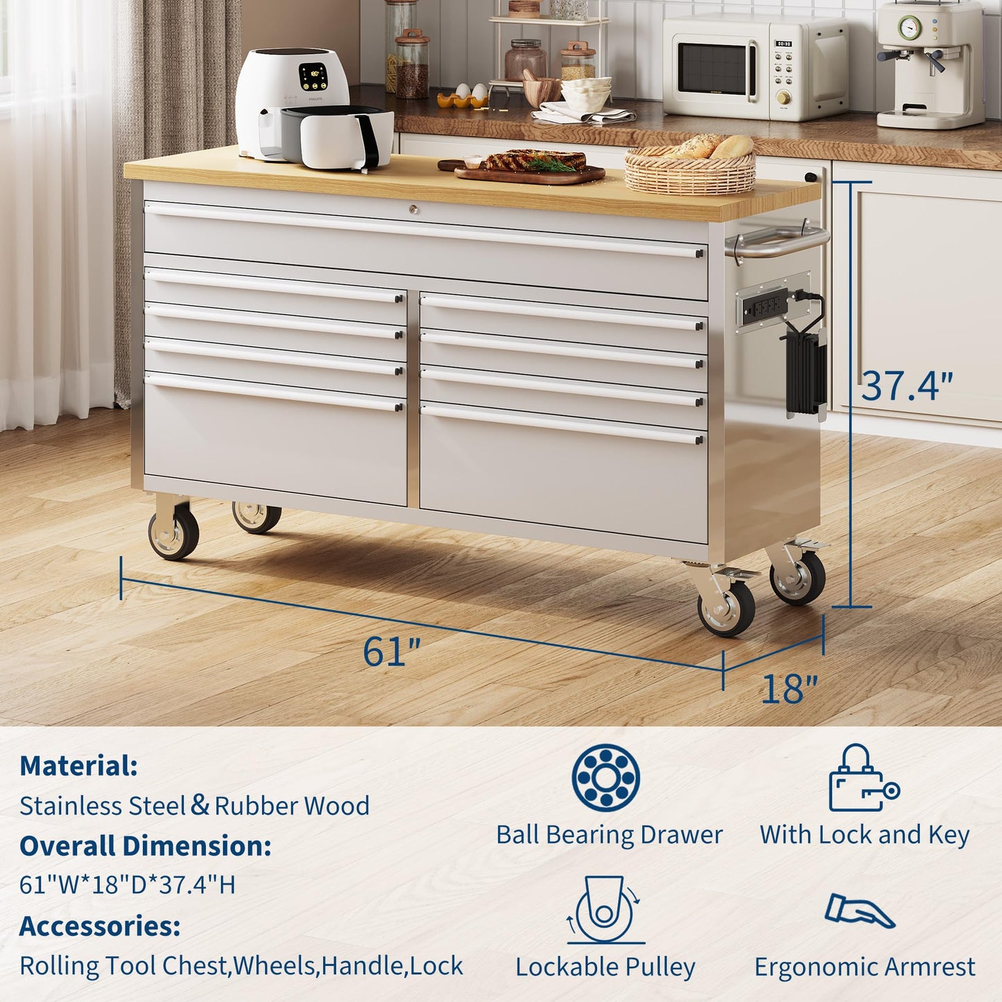 IDEALHOUSE 61 inch Rolling Tool Chest, Garage Workbench with 9 Drawers, Solid Rubber Wood Top & with Wheels Lock Key Locking, Mobile Workstation Tool Cabinet for Workshop Storage