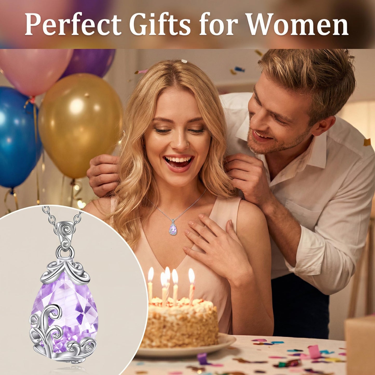 POPLYKE Sterling Silver Birthstone Filigree Teardrop Necklace Filigree Pendant Jewelry Gifts for Women