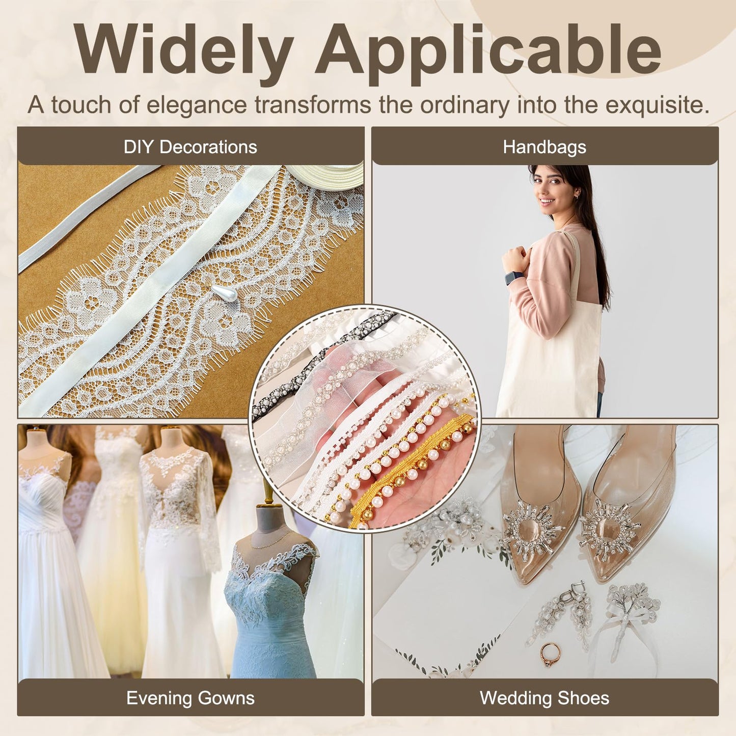 uxcell 5 Yards Faux Pearl Lace Ribbon, 6mm Pearl Fringe Applique Beaded Trim Bridal Embellishments for Sewing Wedding Party Dress Fabric DIY Craft Decoration, White